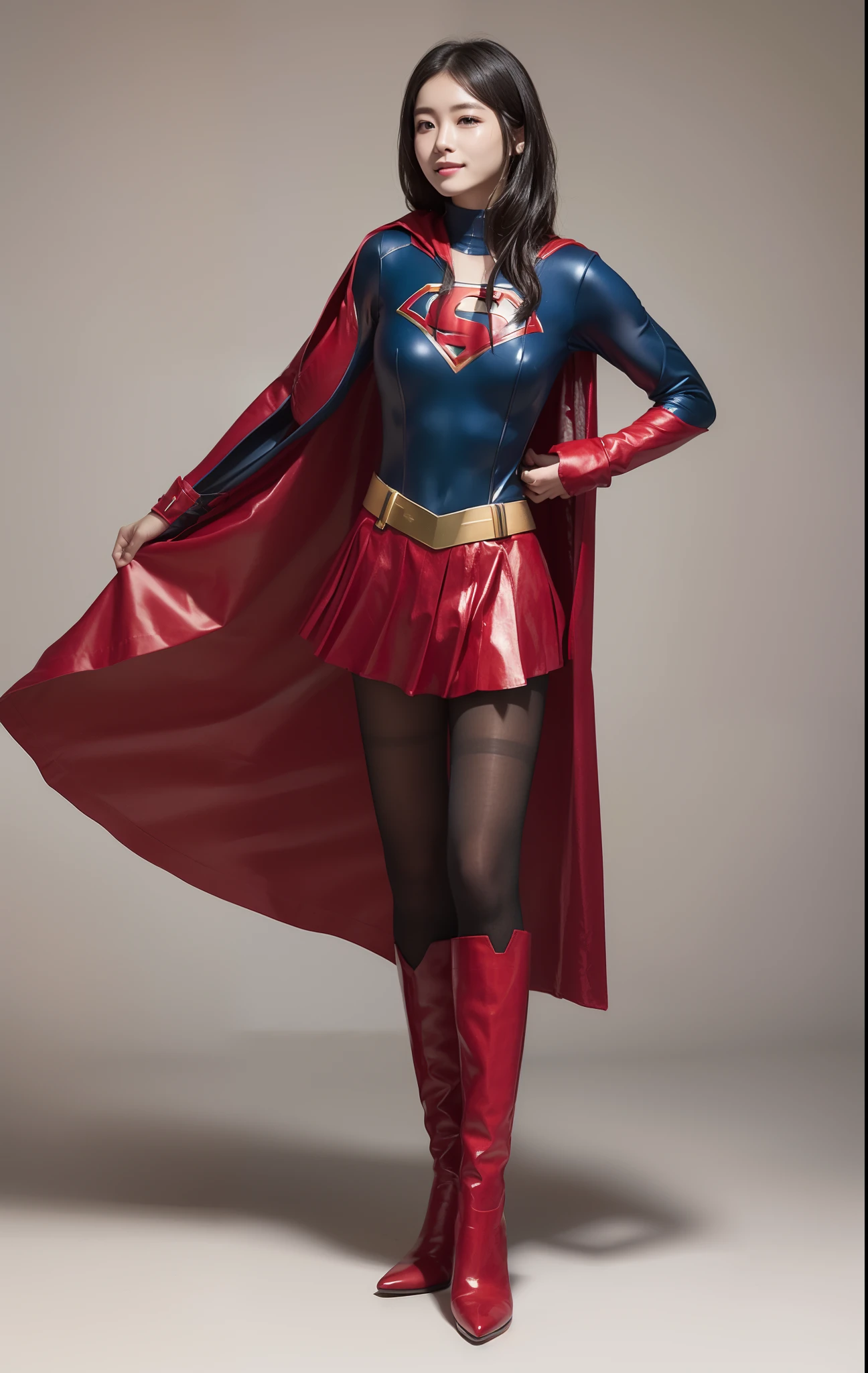 (((Make the most of the original image)))、(((Be sure to wear black tights)))、(((Supergirl Costume)))、(((lustrous dark hair)))、(((Suffering)))、(((Smiling)))、(((Be sure to wear red boots)))、(((Hung)))、((Top image quality、8K))、((top-quality、8K、​masterpiece:1.3))、Crisp focus:1.2、Beautiful woman with perfect body shape:1.4、Slender Abs:1.2、((layers-Cut))、a wet body:1.5、Highly detailed facial and skin texture、Wearing red boots、