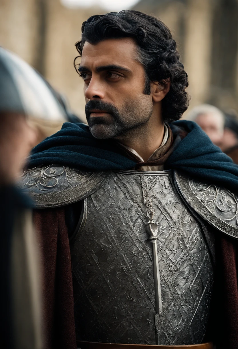 Oscar isaac,is a medieval prince, vestindo roupas da realeza,coroa de prata com um cristal de turmalina. Olhos vidrados,uma capa real. Um manto de pelagem de lobo. middle ages.