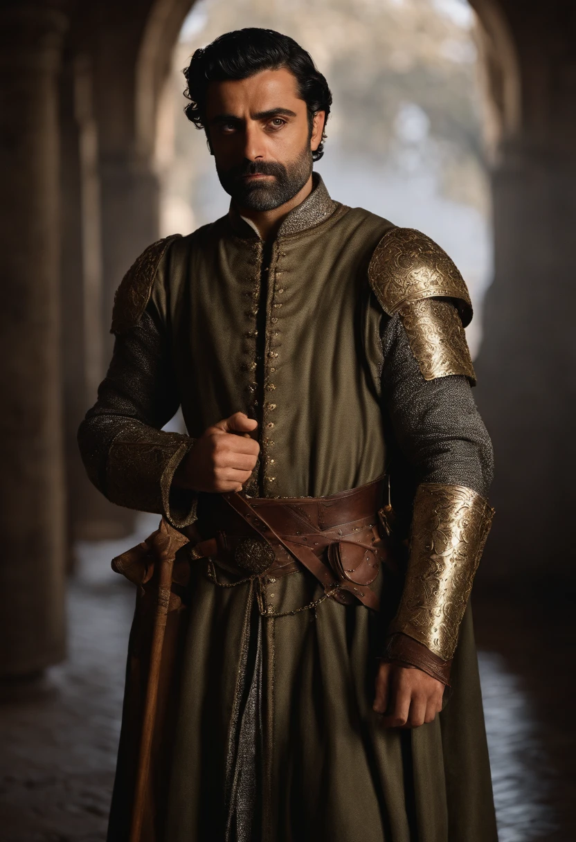 Oscar isaac,is a medieval prince, vestindo roupas da realeza,coroa de prata com um cristal de turmalina. Olhos vidrados,uma capa real. Um manto de pelagem de lobo. middle ages.