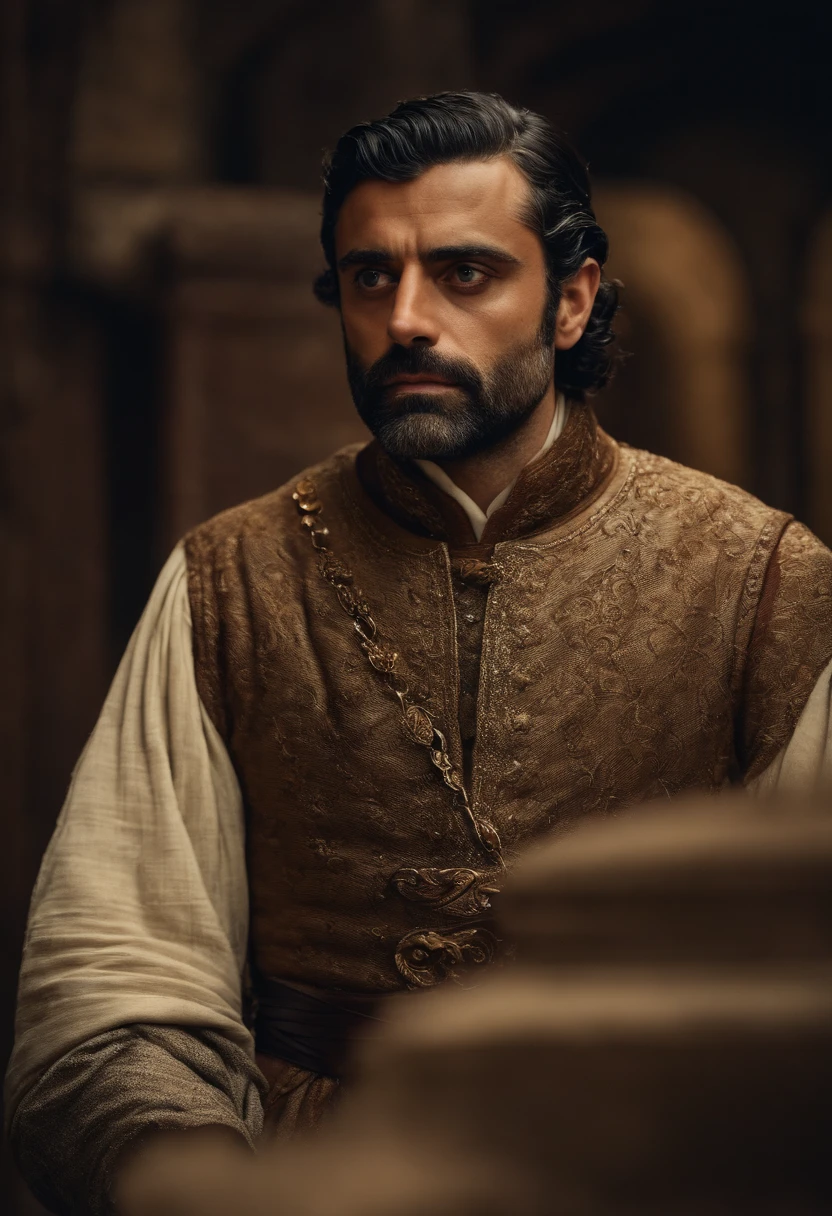 Oscar isaac,is a medieval prince, vestindo roupas da realeza,coroa de prata com um cristal de turmalina. Olhos vidrados,uma capa real. Um manto de pelagem de lobo. middle ages.
