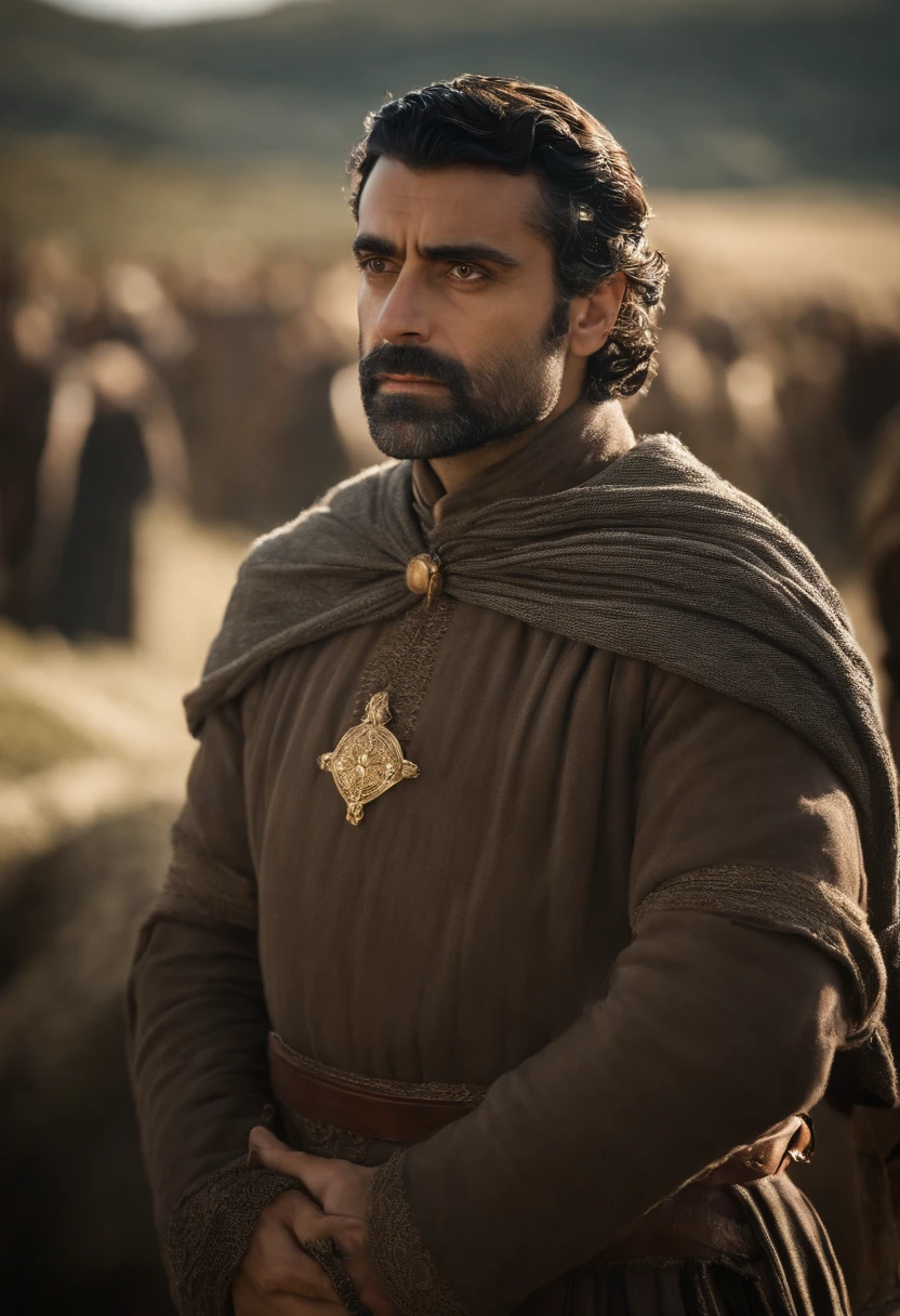 Oscar isaac,is a medieval prince, vestindo roupas da realeza,coroa de prata com um cristal de turmalina. Olhos vidrados,uma capa real. Um manto de pelagem de lobo. middle ages.