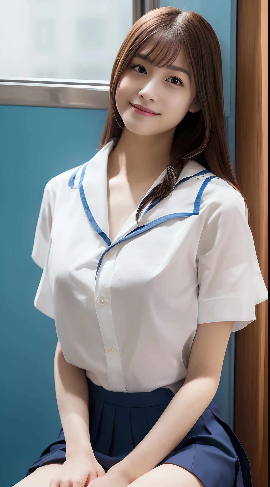 top-quality,ultra-detailliert,masterpiece,realisitic,Photo Real,Bright lighting,1 girl in, an extremely beautiful 17-year-old girl, (kawaii:1.2),Thin smile, (Brown eyes),(brown haired),(bangss),perfect glossy skin,flawless skin,((erotick,Sexy and sexually explicit)),((accurate hands without incongruity)), large full breasts,big breasts thin waist, Look at viewers,((a sailor suit)),((Short sleeve uniform white shirt)),(red necktie),(Blue Mini Pleated Skirt),(((skirt lift by yourself))),(lifted by self),(((Showing panties))),panties on,panties focus,((Sit up,spread legswide)), sockes, (Black knee socks),(Loafer shoes), during daytime,On the train,Horizontal long seat with your back to the window
