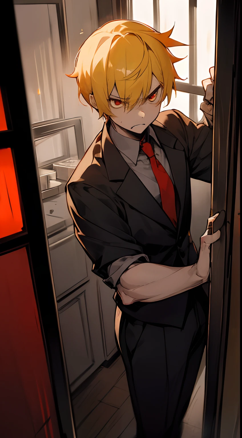 1man,(((male))),solo,40s,angry face,teacher outfit,body burning, yellow hair,short hair,red eyes,standing in front of a window, night