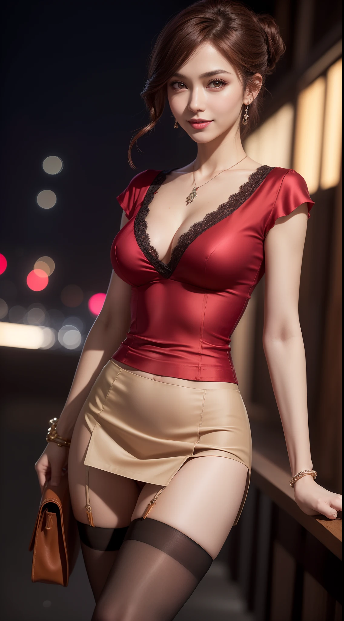 8k, masterpiece, RAW photo, best quality, photorealistic, extremely detailed CG unity 8k wallpaper, Depth of field, Cinematic Light, Lens Flare, Ray tracing, (extremely beautiful face, beautiful lips, beautiful eyes), intricate detail face, ((ultra detailed skin)) 1girl, in the dark, deep shadow, pretty Asian girl, idol, 1 girl, (very slim slender fit-muscled body:1.3), ((looking at viewer)),(big smile:1.3), (tight laced blouse), ((hot pink color blouse)), (v-neck short sleeve) , (city night, dark night, (blurred background), dim lights, cityscape, rooftops, beautiful earrings, bracelets, necklace, pantyhose, clear eyes, (pale skin), (big eyes), face forward, ((upper body shot)), ((silk red color skirt)),(brown hairs),((tight fitting skirt )), (looking at viewer:1.3), open breast, (very slim), medium breasts, (laced stockings ),((flooming laced blouse )), ((camel toe)), updo hair, short hair, Hermes hand bag