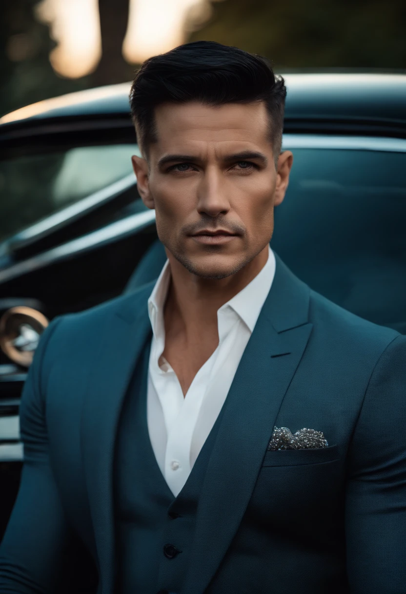 corps entier, wide-angle photo close-up portrait of the body of a handsome man , Grand et en forme, (40 ans:1.1), (shaven:1.2) , (very short black hair with a fade on the sides:1.5),(very short hair:1.6). (Tight suit in dark blue velvet:1.3). (posing outside the mansion with a luxury car:1.1),Cold and dark sunset at dusk, (Edge Light:1.1),(Concentrez-vous sur les yeux), (Regard fier), (hard light on the skin:1.2), (ombres dures, dark themed, Contraste profond:1.1), (photographie de portrait par Annie Liebovitz), Dark mint theme and choral aesthetics, (skin imperfections)