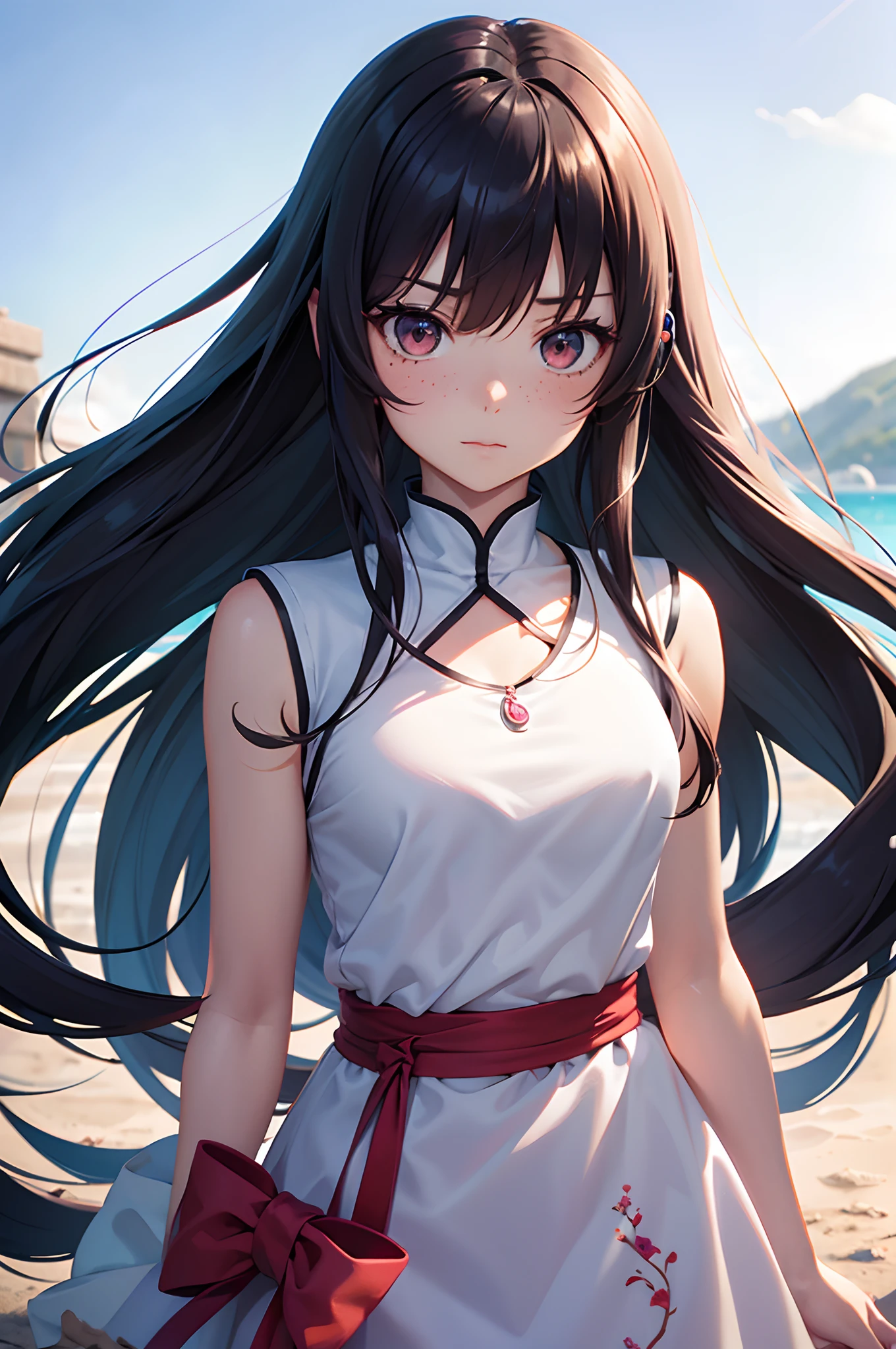 masutepiece, Best Quality, {Best Quality}, {{masutepiece}}, {hight resolution}, Focus, Anime style, Close-up of a female cartoon, Girl Design, Portrait, Gisha, anime image, Long hair, Black hair, Straight eyes, Hair covering the ears, Sleek and powerful look, Exotic, tall, freckle, Cheerful, Romantic clothes, Colorful, Colors
