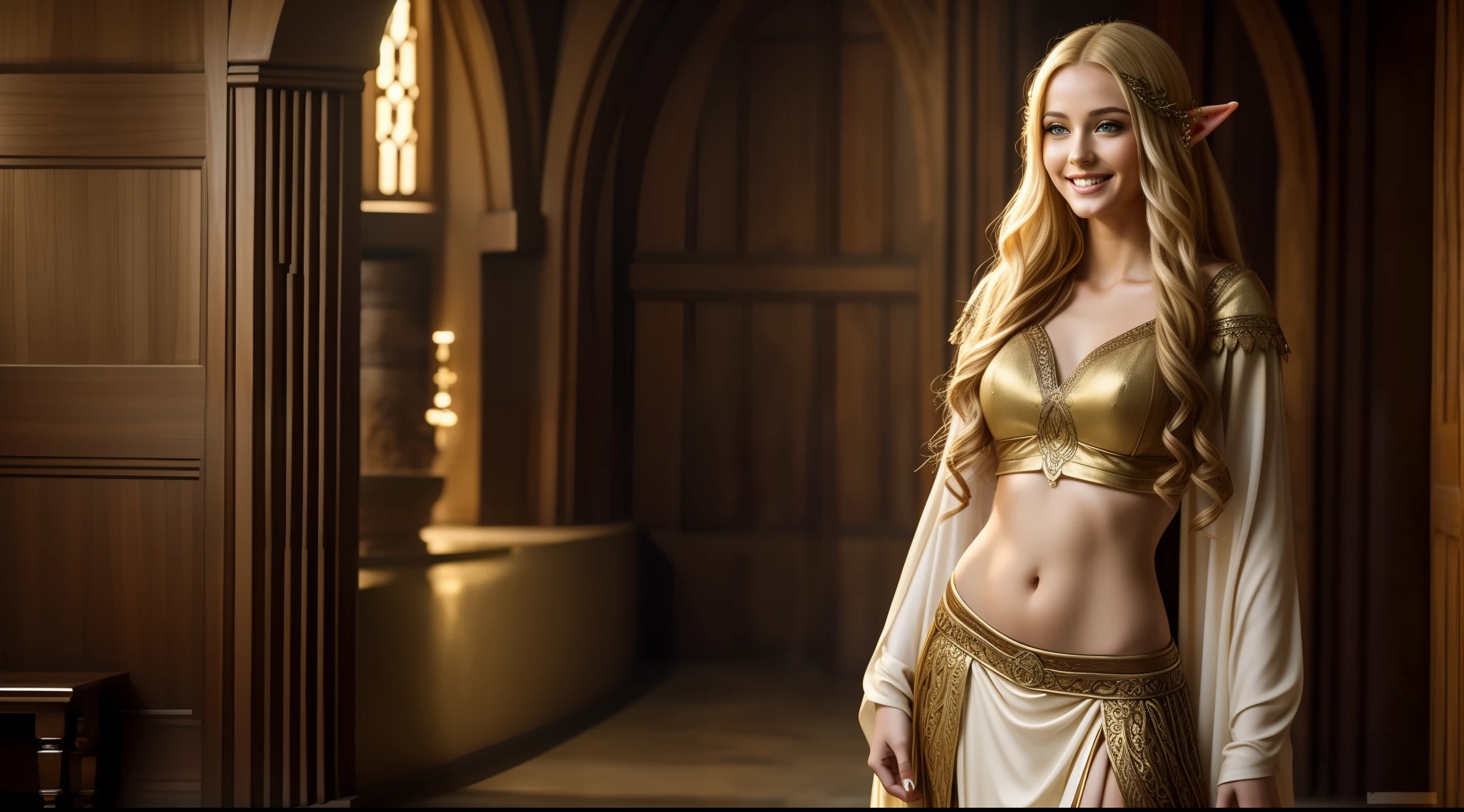 group of beautiful elven women, chubby bellies, visible midriffs, attractive, smiling, different colored hairs, smooth skin, seductive smiles, tavern, silk dresses