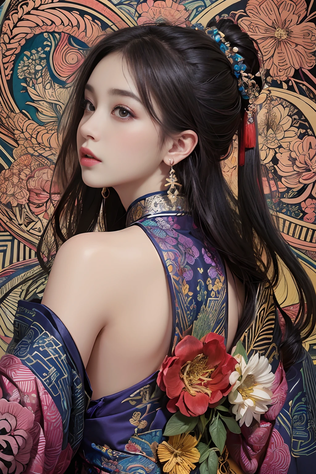 (masterpiece, top quality, best quality, official art, beautiful and aesthetic:1.2), (1girl:1.3), extremely detailed,(fractal art:1.1),(colorful:1.1)(flowers:1.3),highest detailed,(zentangle:1.2), (dynamic pose), (abstract background:1.3), (chinese Traditional cloth:1.2), (shiny skin), (many colors:1.4), ,(earrings:1.4),