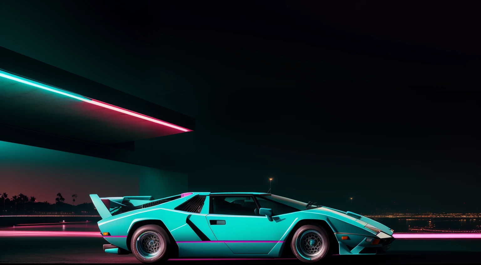 retroonda. cidade, 1982 lamborghini countach 500 S na estrada, neon cyan lights, sol, montanha, (obra-prima, detalhada, highres),