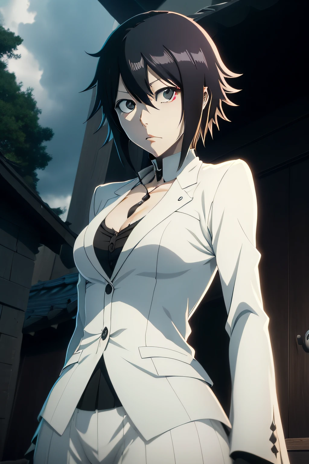 Tomoko Kuroki de Watamote com cabelo curto e a roupa de shinigami do anime Bleach, segurando a espada de Toshiro Hitsugaya