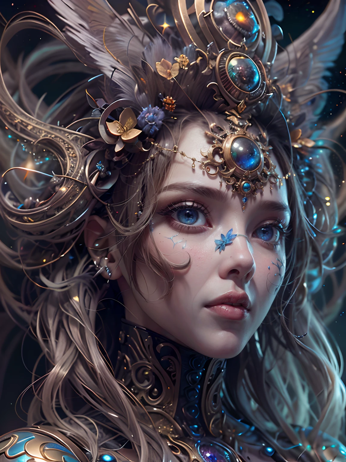 (best qualtiy,ultra - detailed,Most Best Illustration,Best shadow,tmasterpiece,A high resolution,professionalartwork,famousartwork),Detailed eyes,beautidful eyes,closeup cleavage,sci-fy,colored sclera,Robot eyes,face markings,Tattooed with,(fractalized,Fractal eyes),largeeyes,Wide eyes,(Eye focus),sface focus,Cosmic eyes,Space eyes,Close-up of metal sculpture of a woman with a universe in her hair,goddes。extremly high detail,3 d goddess portrait,Extremely detailed footage of the goddess,a stunning portrait of a goddess,Side image of the goddess,portrait of a beautiful goddess,Full body close-up portrait of the goddess,hecate goddess,portrait of a norse universe goddess,goddess of space and time