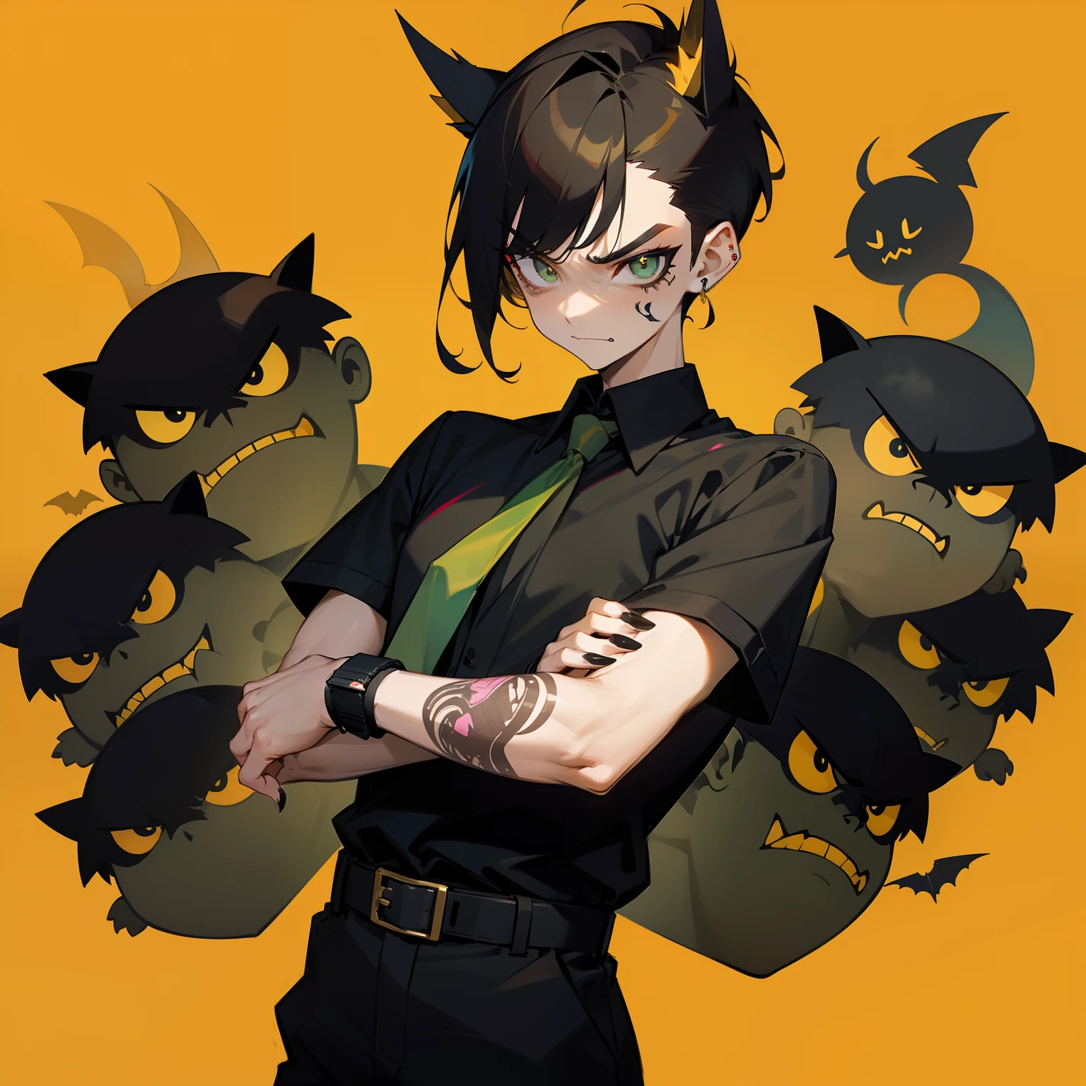 Man in shirt and tie, Male Focus, a belt, Black shirt, The tattoo, Short sleeves , Short hair, Black Short Sleeve Polo Shirt, Green tie, Black pants, punk, Raised eyebrows, Floppy bangs, Spiky back hair, a little golden color on the bangs,,,,,,,, Undercut , Simple black earrings, devil, Bat, Angry face, Black nails, arm tattoos, big eye, Black Eye Makeup, Wearing hair on the ears, Forehead, ssmile, wrist watch, Black Bangle, Square Thailand、Yellow highlights on hair、Dark background