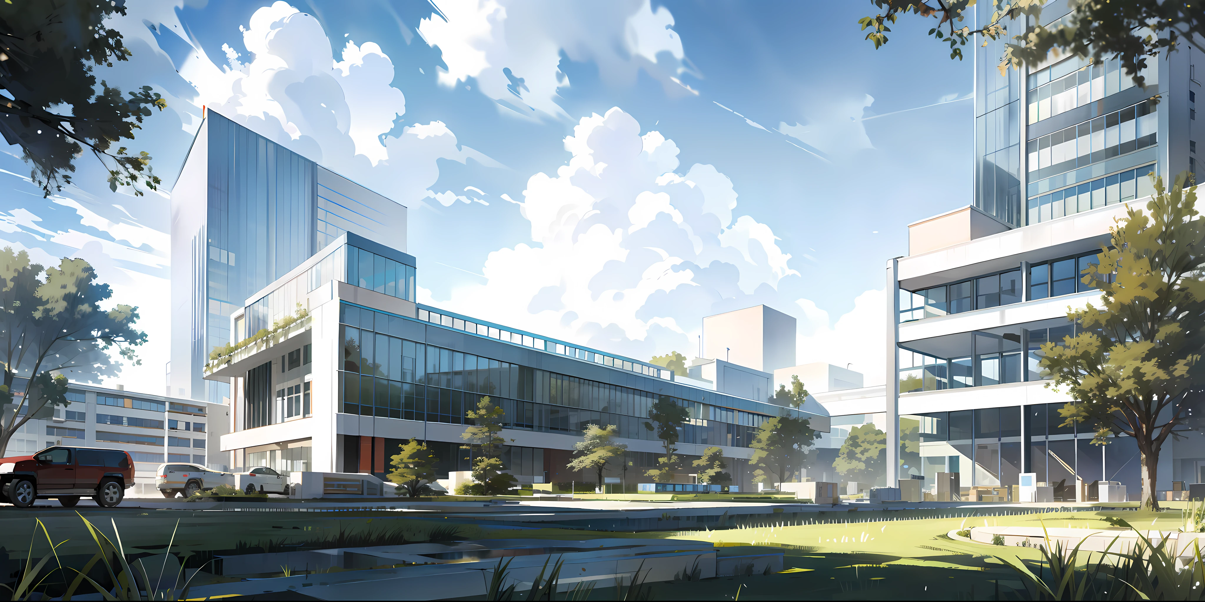 Rendering of a large building with grass in front, clear headquarters rendering, architectural rendering, sharp focus clarification headquarters, architectural rendering, photorealistic rendering