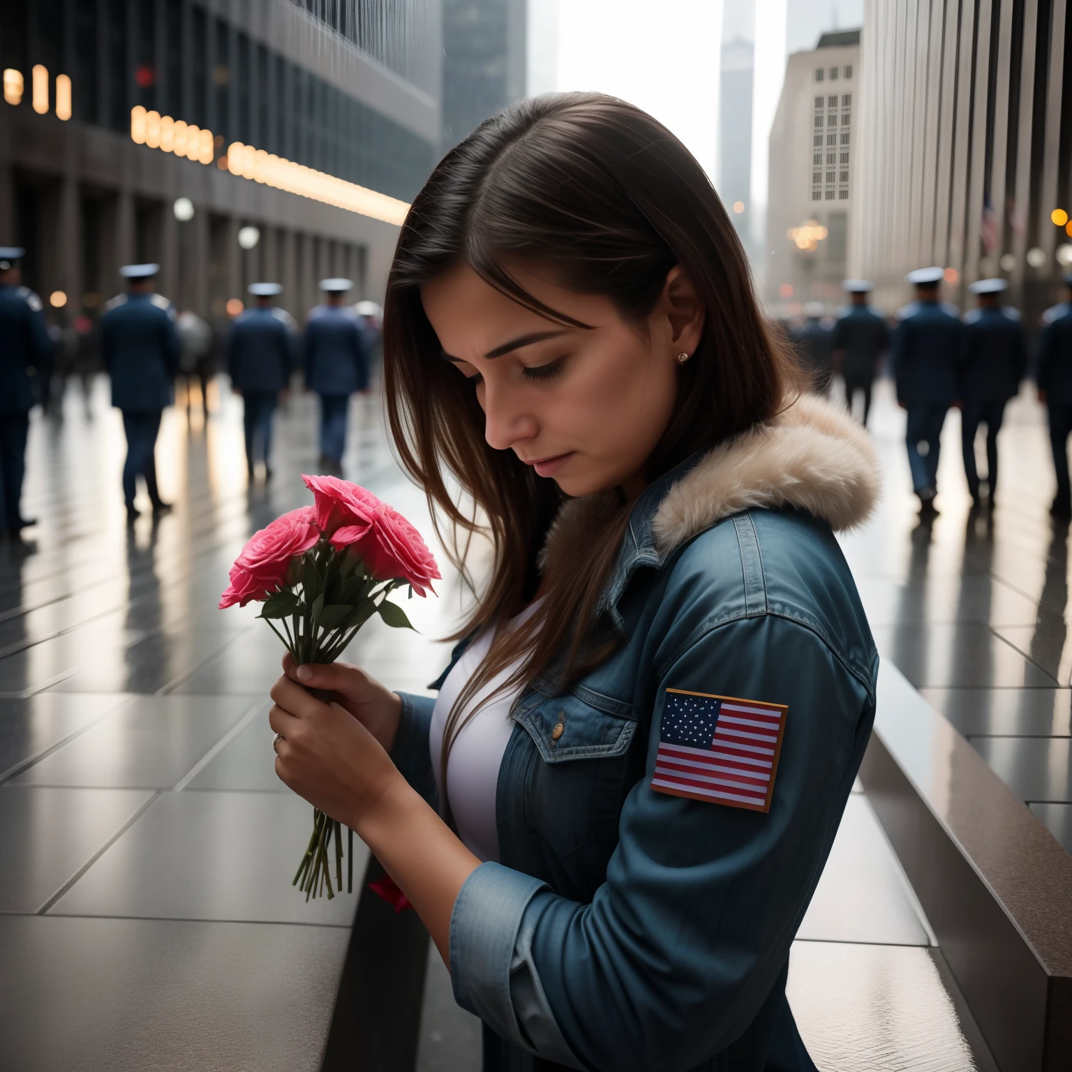Realistic, photographic, dramatic, [best quality:1.5], a mom putting a flower in the name of her daughter at the WTC memorial, she is very sad and US Flags around, raining, ambient lights, realistic shadows, sharp colors