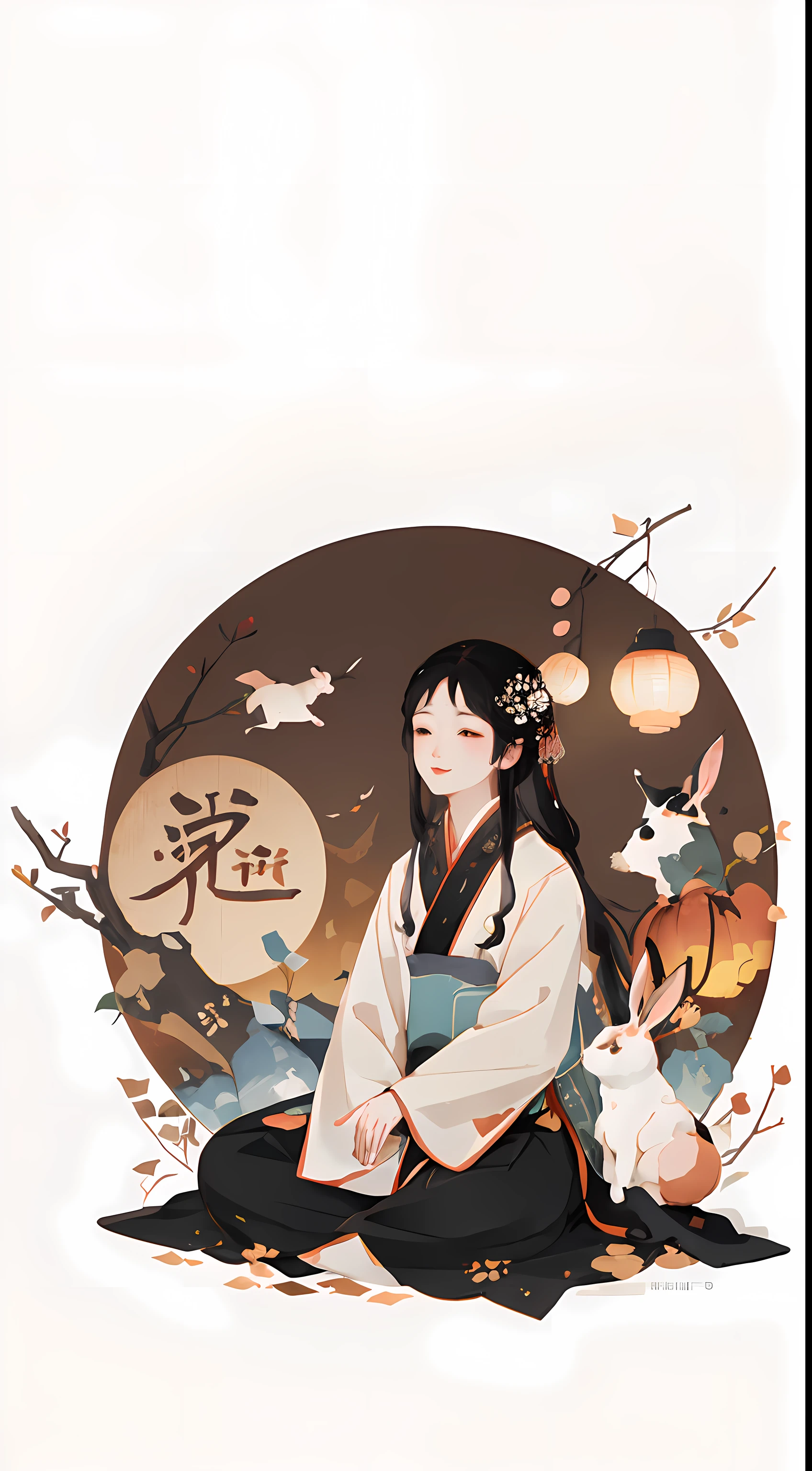 (A rabbit:1.4), sat on the ground, Looking up, Mid-Autumn Festival atmosphere, Traditional Chinese illustration style, Digital art, Simple background, Masterpiece on white background, Best quality, Ultra-detailed, High quality, 4K