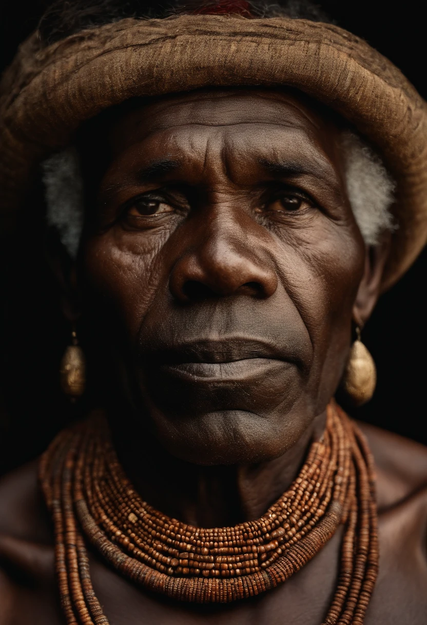 A closeup of a man with a brown seed necklace around his neck, Homem africano, indigenous man, foto do retrato de um homem velho, African facial features, ele tem cerca de 7 0 anos de idade, retrato impressionante, east african man with curly hair, Homem de 5 0 anos, Samburu, anthropological photography, beautiful portrait, he is about 6 0 old man and wise soft front light, brilho, HDR, (cores suaves: 1.2) Hiperealista,realista, Realismo, renderizado, Alto contraste, digital art photographyrealistic trend in Artstation 8k HD high definition detailed realistic, detalhado, textura da pele, hiper detalhado, textura de pele realista, armadura, melhor qualidade, ultra high-resolution, (fotografiarrealista: 1.4), alta resolução, detalhado, Calado bruto, sharp re, por lee jeffries Nikon D850 Filme Fotografia de Stock 4 Kodak Portra 400 Lente F1.6 Rich Colors Realistic Texture Dramatic Texture Dramatic Lighting Irrealengine Trend on Artstation Cinestill 800