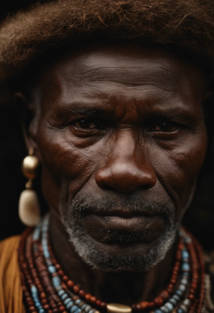 A closeup of a man with a brown seed necklace around his neck, Homem africano, indigenous man, foto do retrato de um homem velho, African facial features, ele tem cerca de 7 0 anos de idade, retrato impressionante, east african man with curly hair, Homem de 5 0 anos, Samburu, anthropological photography, beautiful portrait, he is about 6 0  old man and wise soft front light, brilho, HDR, (cores suaves: 1.2) Hiperealista,realista, Realismo, renderizado, Alto contraste, digital art photographyrealistic trend in Artstation 8k HD high definition detailed realistic,  detalhado, textura da pele, hiper detalhado, textura de pele realista, armadura, melhor qualidade, ultra high-resolution, (fotografiarrealista: 1.4), alta resolução, detalhado, Calado bruto, sharp re, por lee jeffries Nikon D850 Filme Fotografia de Stock 4 Kodak Portra 400 Lente F1.6 Rich Colors Realistic Texture Dramatic Texture Dramatic Lighting Irrealengine Trend on Artstation Cinestill 800