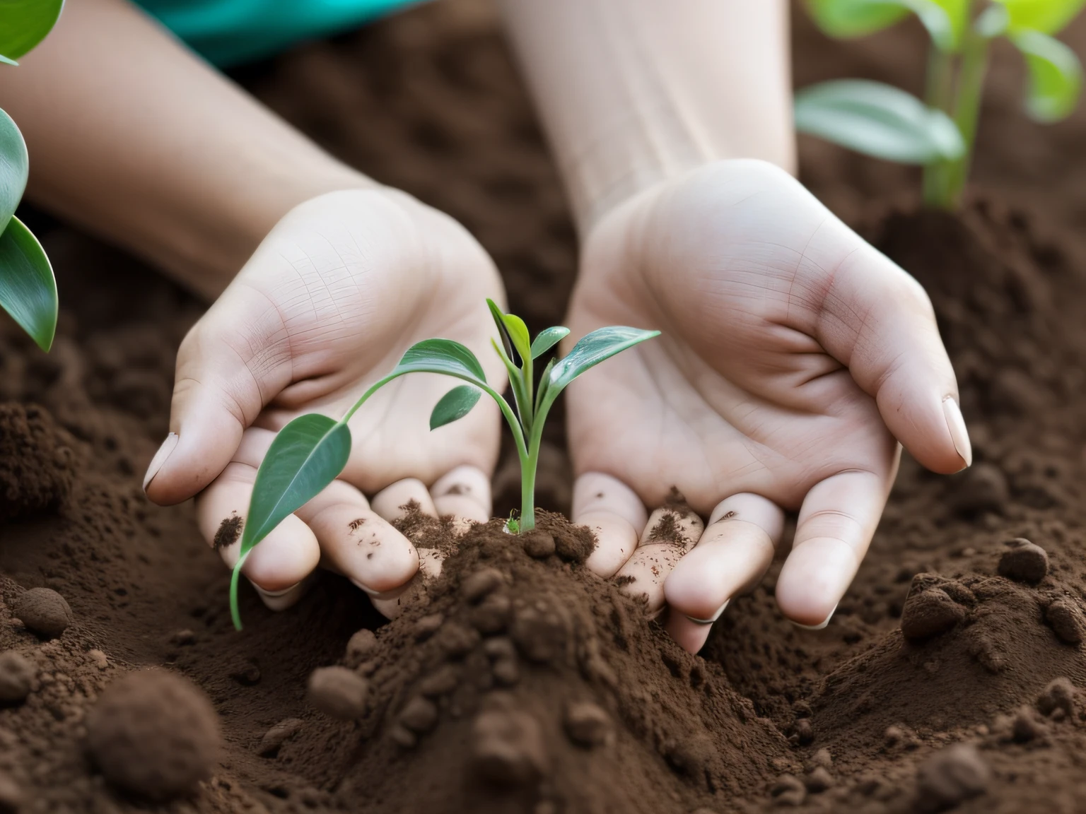MANOS PERFECTAS .Hands together holding small plant in fertile soil, environmental sustainability, nurturing growth, eco-awareness concept. Closeup