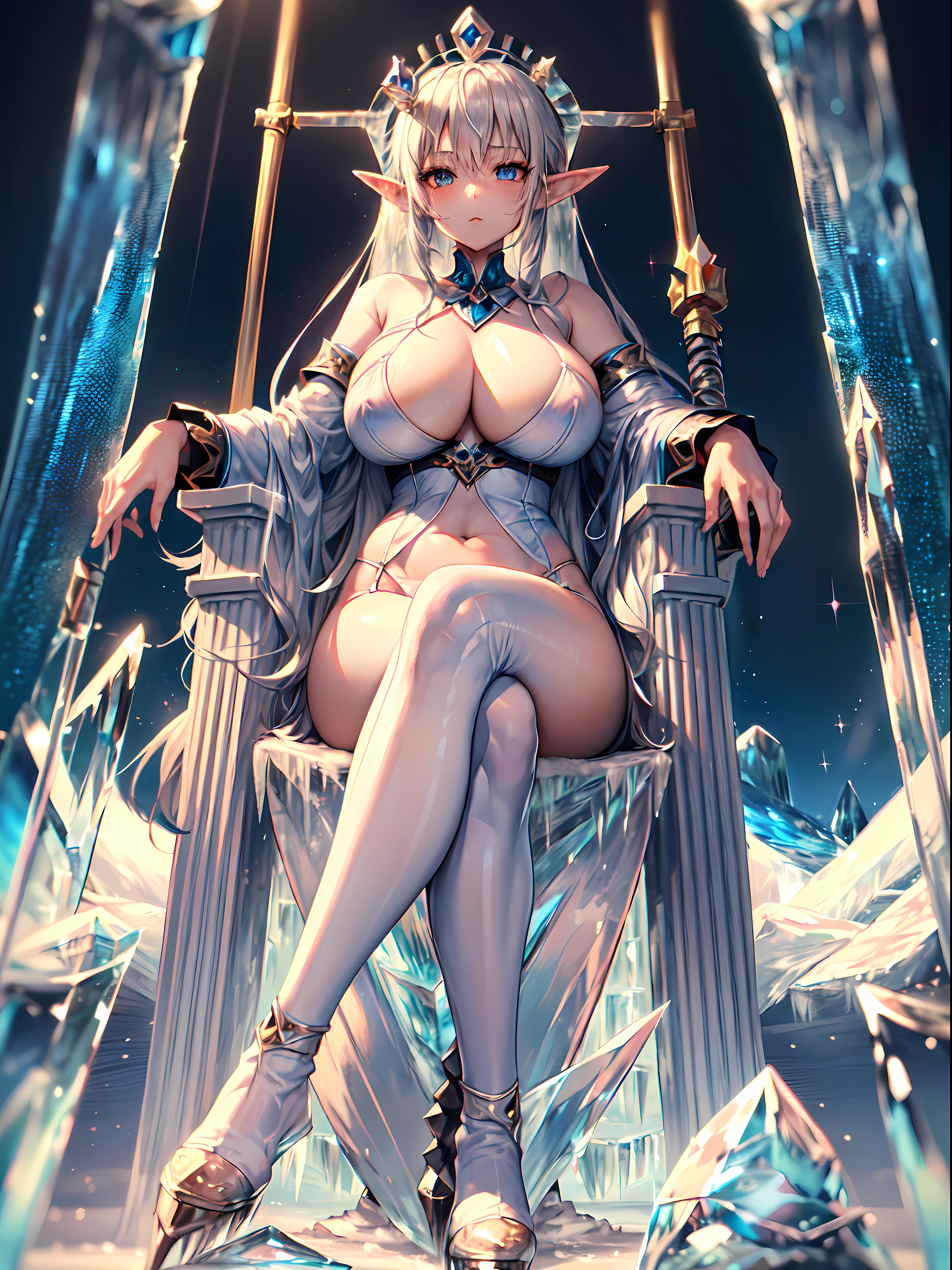 Anime,(background of ice:1.6),beautiful lady,(long silver hair:1.2),messy hair,elf,(blue iris:1.3),(black pupil:1.3),perfect face, smooth face, white torsolette lingerie, (translucent lingerie:1.3), big boobs, big ass, tall physique, sitting on throne, sitting position, (crossed legs:1.3),(throne of ice:1.6), large throne,(large staff of ice:1.6)