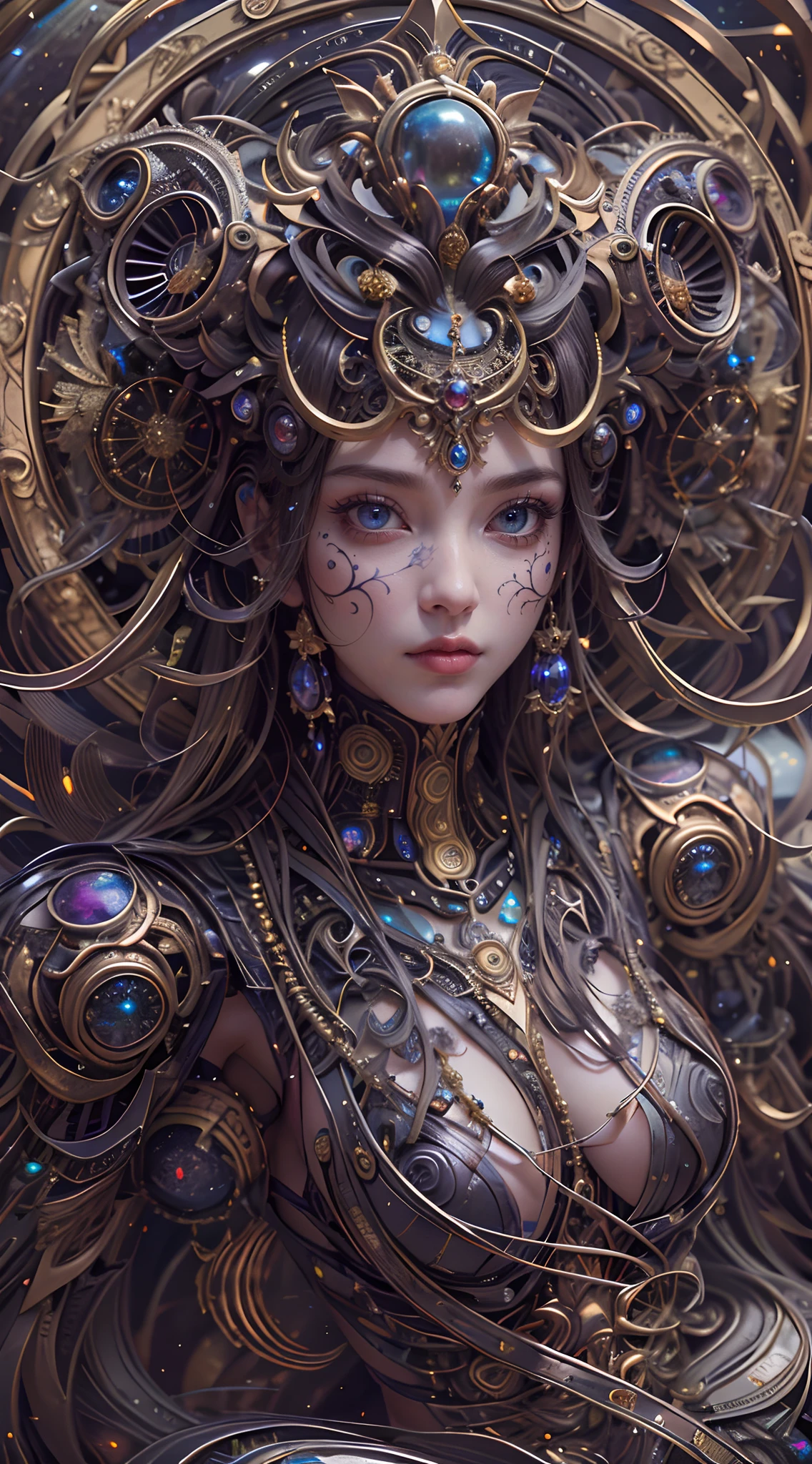 (best qualtiy,ultra - detailed,Most Best Illustration,Best shadow,tmasterpiece,A high resolution,professionalartwork,famousartwork),Detailed eyes,beautidful eyes,closeup cleavage,sci-fy,colored sclera,Robot eyes,face markings,Tattooed with,(fractalized,Fractal eyes),largeeyes,Wide eyes,(Eye focus),sface focus,Cosmic eyes,Space eyes,Close-up of metal sculpture of a woman with a universe in her hair,goddes。extremly high detail,3 d goddess portrait,Extremely detailed footage of the goddess,a stunning portrait of a goddess,Side image of the goddess,portrait of a beautiful goddess,Full body close-up portrait of the goddess,hecate goddess,portrait of a norse universe goddess,goddess of space and time