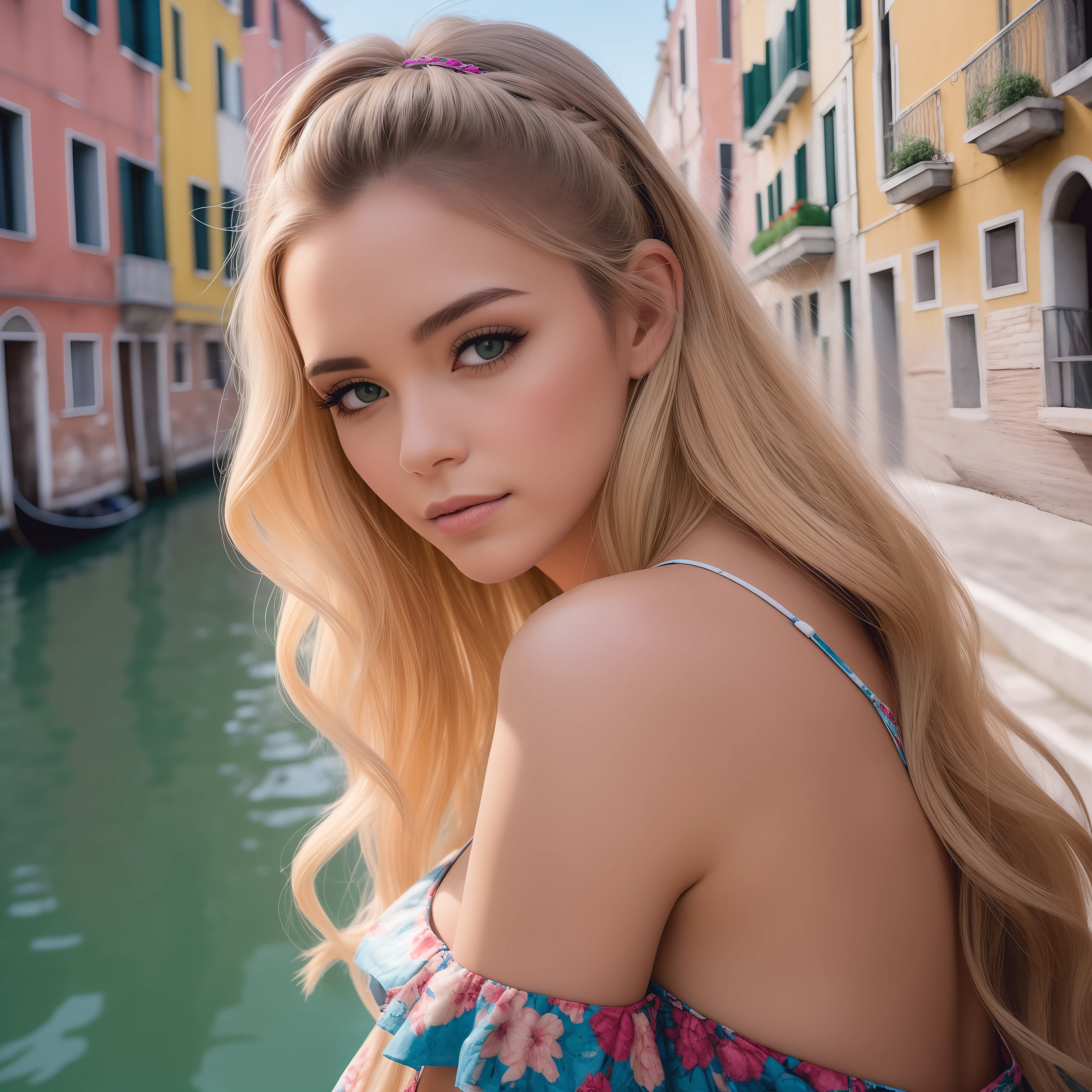 Beautiful naked blonde (Gondola ride in Venice), very detailed, 21 ans, Visage innocent, natural wavy hair, blue eye, high resolution, head of&#39;artwork, best quality, intricate details, very detailed, sharpness, detailed skin, realistic skin texture, texture, detailed eyes, Professionnel, 4K, charming smile, fired from a cannon, 85mm, shallow depth of field, Kodak Vision Color, corps parfaitement ajusté, extremely detailed, Photo_(ultra), photorealistic, realistic, post-traitement, Maximum attention to detail, roughness, the real life, ultra realistic, Photorealism, Photography, 8K  UHD, Photographyr, 8K  UHD, kodak colors