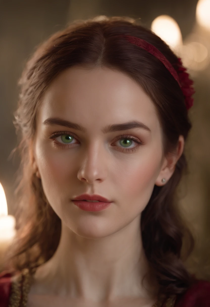 (((A deep reddish scar runs across her left cheek))) light skinned, Women around 19 years old, Natural gray hair, Distinctive green eyes, Wearing Cole, slender and graceful,, Beautiful, Candlelight in medieval atmosphere, Ultra Sharp Focus, realistic shot, Women's clothing in the Middle Ages, Tetradic color (Scar:1.4)