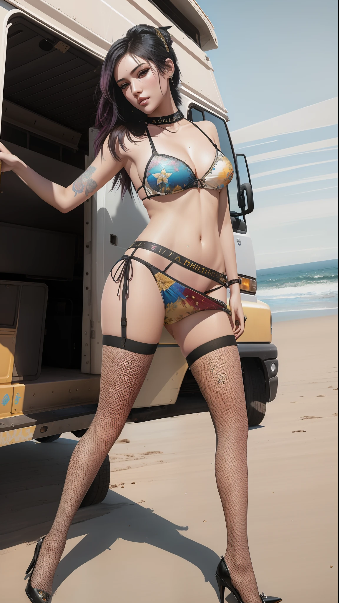 photo of the most beautiful artwork in the world featuring a modern punk woman, leaning against a van on a California beach, trending on ArtStation, CGSociety, Intricate, High Detail, Sharp focus, dramatic, photorealistic painting art by greg Rutkowski