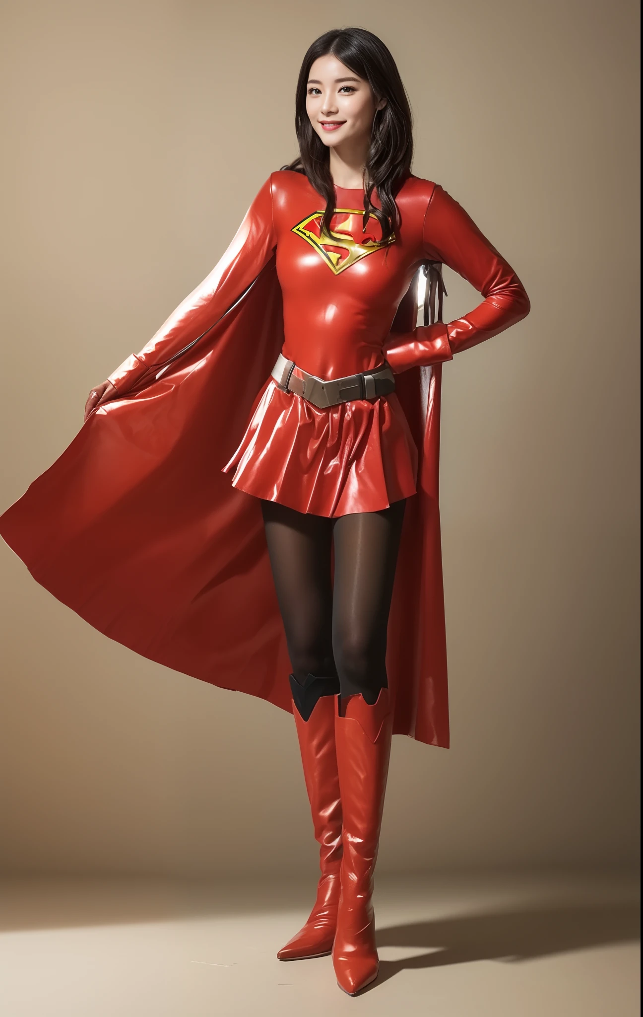 (((Make the most of the original image)))、(((Be sure to wear black tights)))、(((Supergirl Costume)))、(((lustrous dark hair)))、(((Suffering)))、(((Smiling)))、(((Be sure to wear red boots)))、(((Hung)))、((Top image quality、8K))、((top-quality、8K、​masterpiece:1.3))、Crisp focus:1.2、Beautiful woman with perfect body shape:1.4、Slender Abs:1.2、((layers-Cut))、a wet body:1.5、Highly detailed facial and skin texture、Wearing red boots、