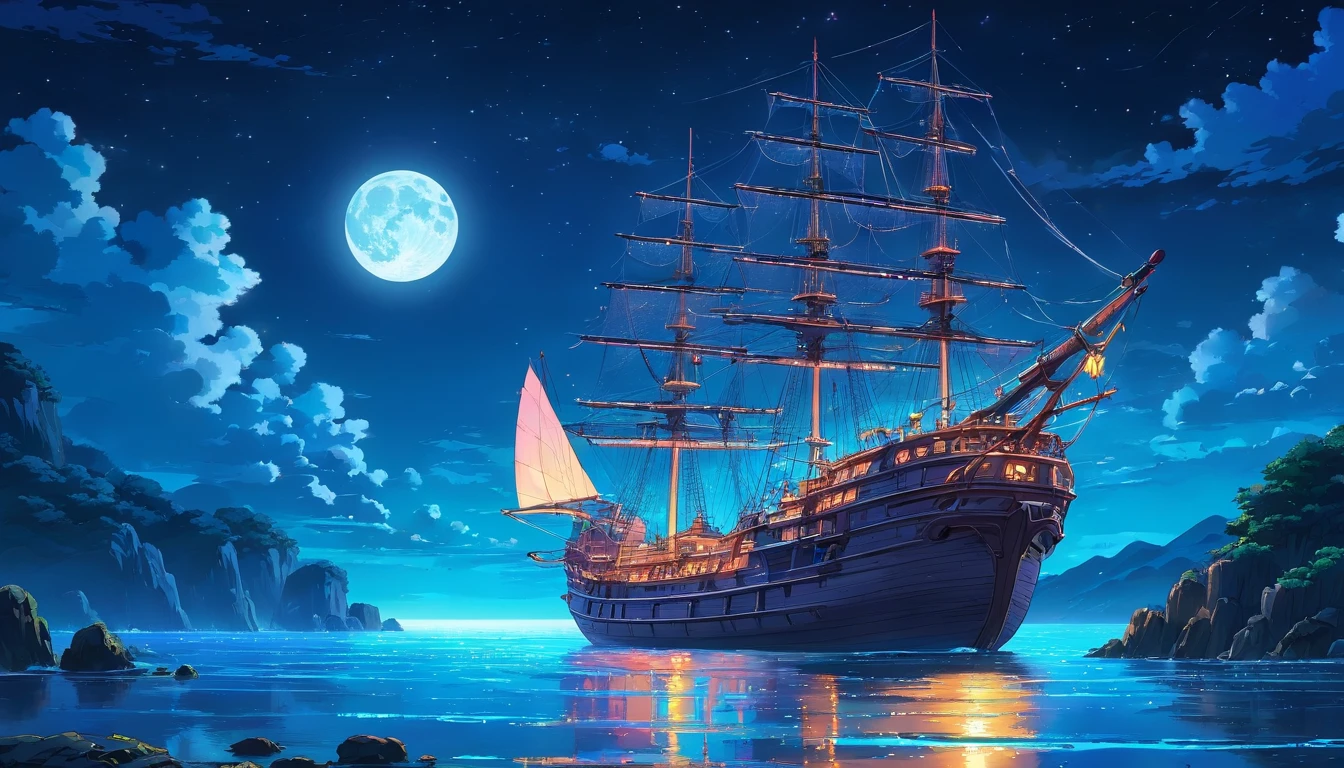 In the dark of night, a tall ship sails across moonlit seas, clouds, moon, and stars, creating a mesmerizing scene. The ship stands out with its vibrant neon lights, casting a colorful glow on the surrounding waters. The ship's details are exquisitely rendered, showcasing every intricate feature. The artwork is of the highest quality, with a resolution of 4k, capturing every minute detail. The scene is bathed in the magical ambiance of the moonlight, casting a serene glow over the entire artwork. The combination of the neon lights and the moonlight creates a captivating contrast and adds a touch of mystery to the composition.