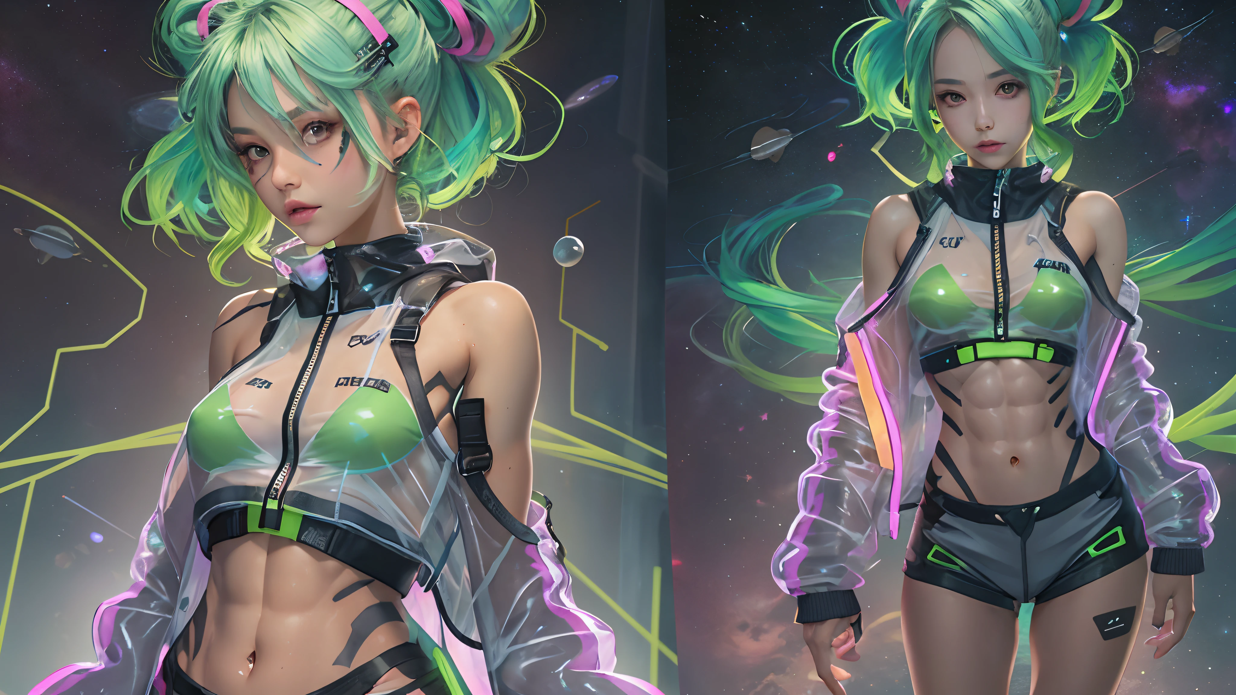 A beautiful girl, cute face, extreme abs, transparent jacket, completely naked, neon green hair, space buns,