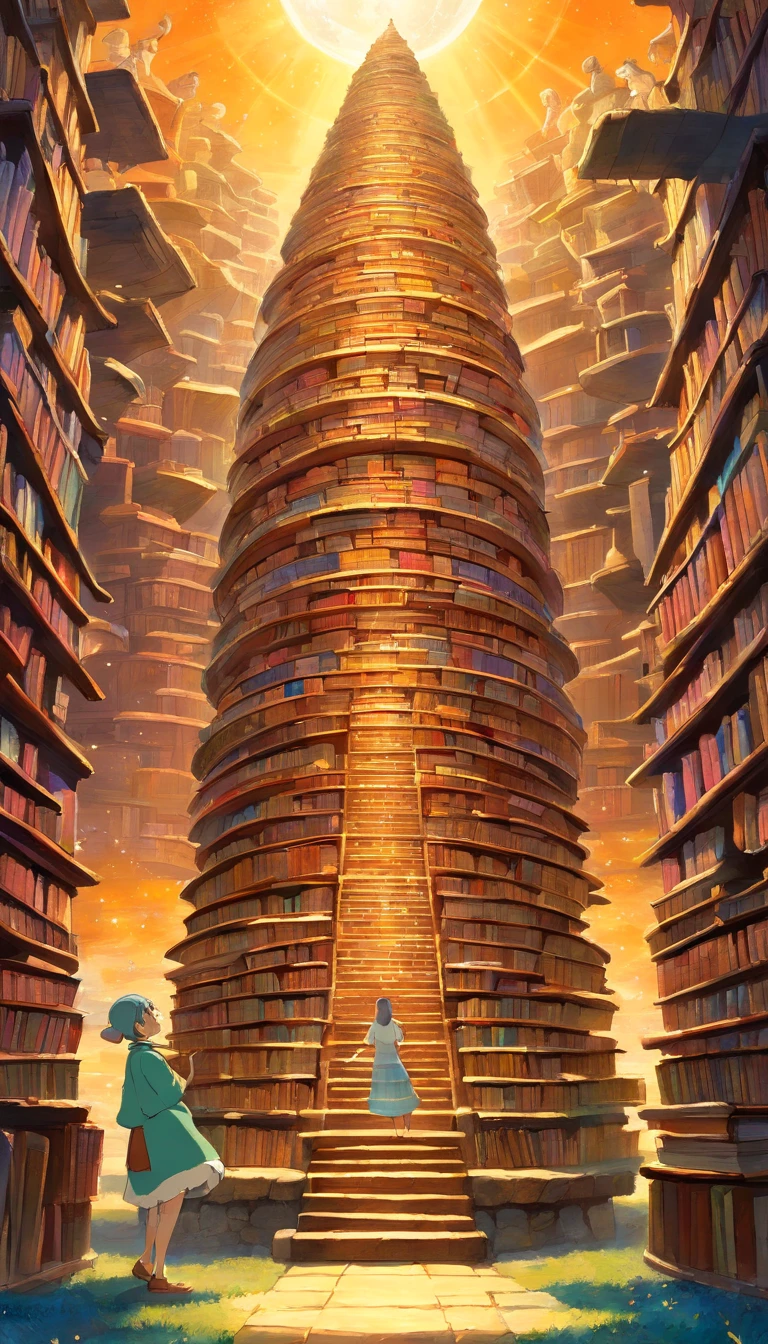 There is a painting of a stack of books, magical realism painting, science fantasy painting, artwork from the Borne Space Library, Infinite Celestial Library, inspired by Maxim Verehin's Tomasz Alen Kopera, Tadeusz Pruszkówski's Library of Babel, Tadeusz Pruszkówski's Library of Babel
