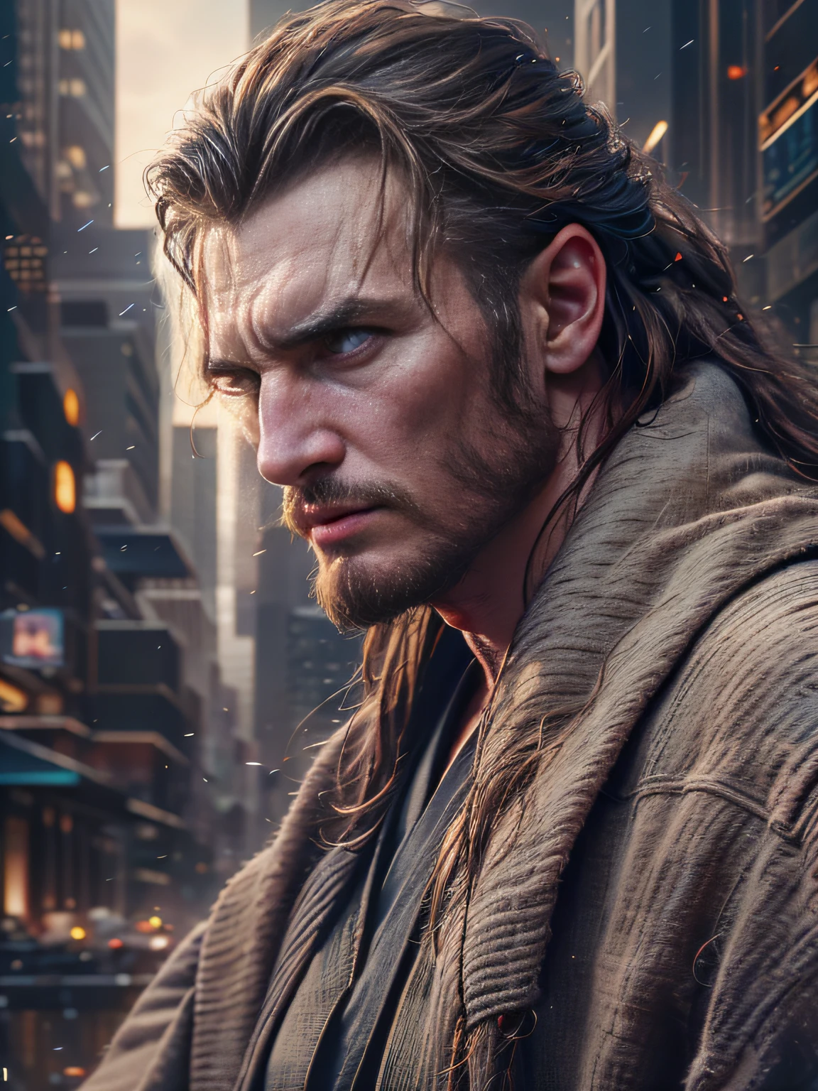 30 year old man，a handsome，against the backdrop of a metropolis, It's dark night, Jedi, hairlong, Serious, hyper realisitc, young Liam Neeson, Qui-Gon Jinn（A detailed eye：1.3），BazleColor Eye，full bodyesbian