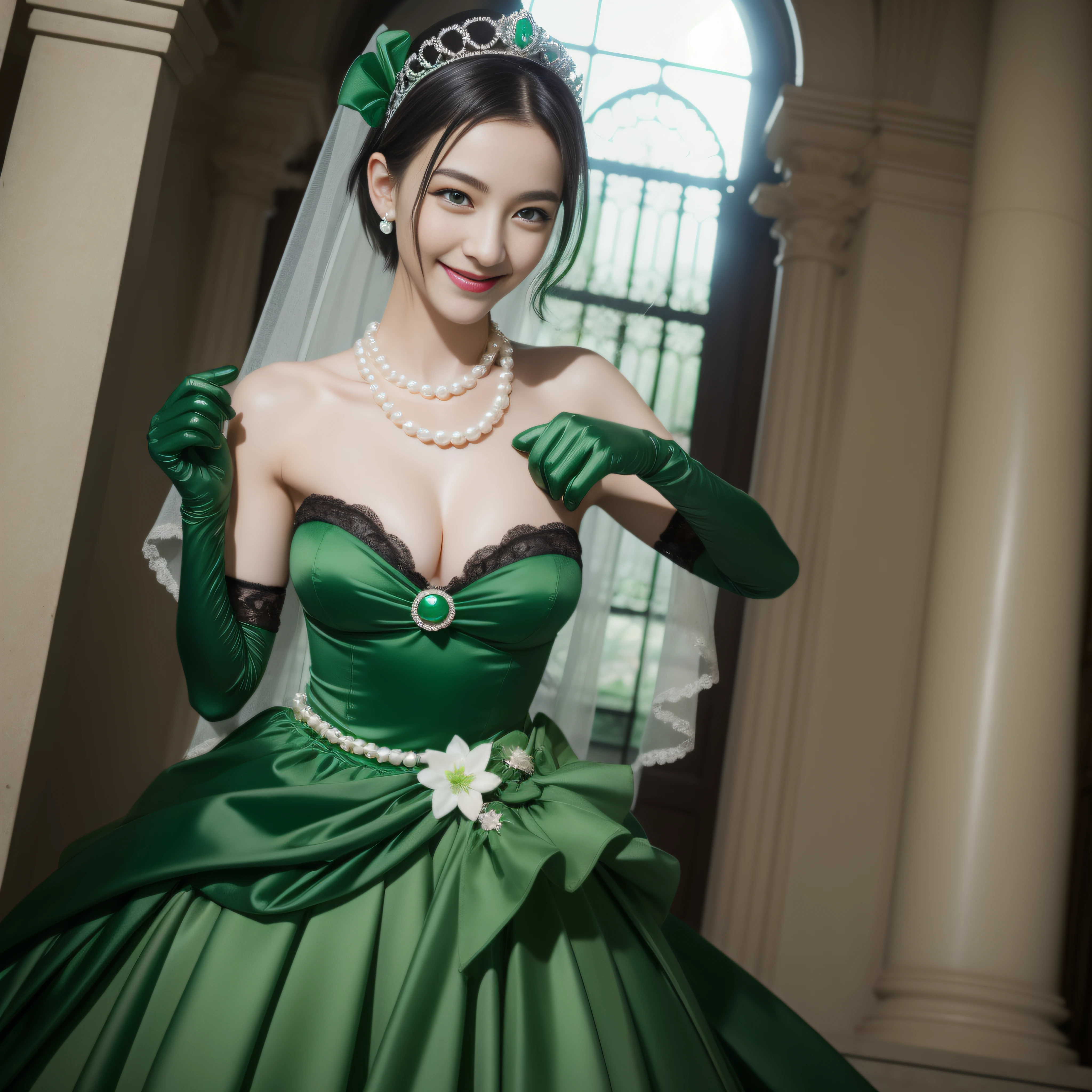 Boyish very short black hair, lipsticks, Japan woman smiling, Long green gloves made of satin material, emerald tiara, Pearl Necklace, verd s eyes, Green eyes