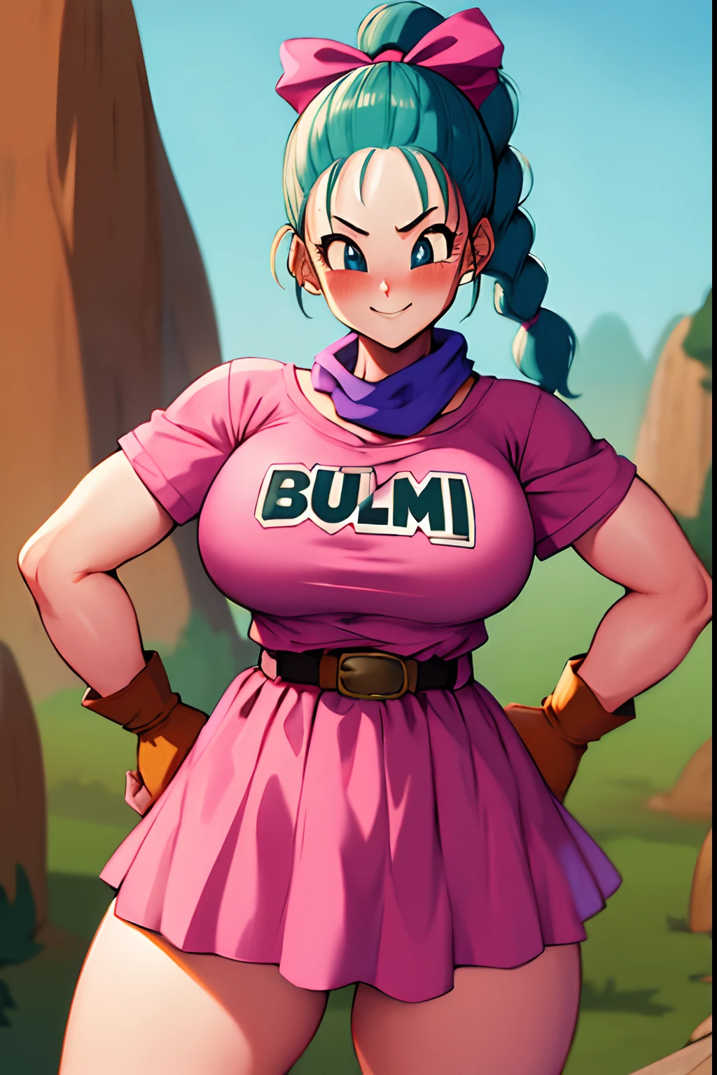 masterpiece, best quality, highres, dragon ball, blmpony, aqua hair, hair ribbon, braided ponytail, pink shirt, belt, scarf, pink skirt, clothes writing, brown gloves, very big breasts, outdoors, cowboy shot, big hips, cute smile, blushing, hands on hip