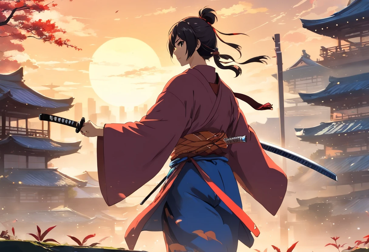 (((um homem samurai adulto com duas espadas na cintura))),((camera grande plano geral))),Contra-Plongée, olhar penetrante,roupas negras, obuscuro, cidade ciberpunk extremamente detalhada ao fundo ao fundo, roupas preta, rosto detalhado, jovem, extremamente detalhado, estilo anime, colorido, obra prima, 8k