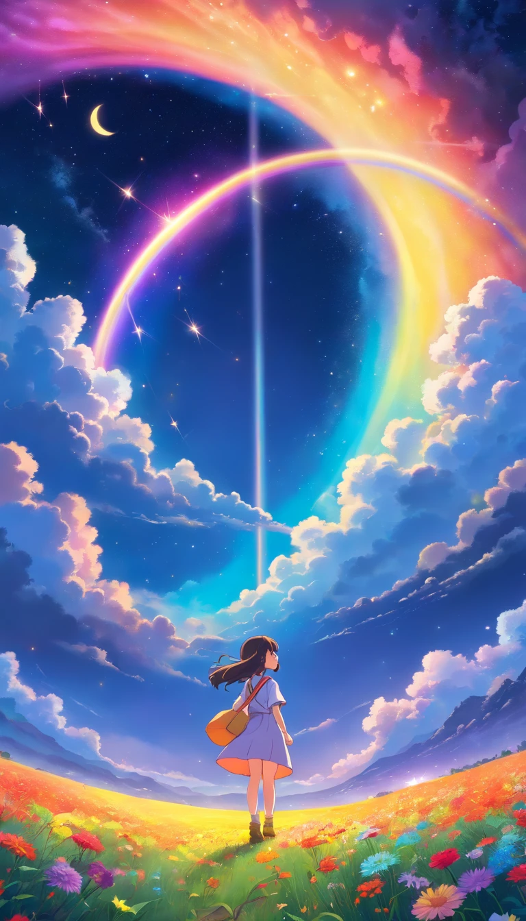 A wide landscape photo, (viewed from below, the sky is above, and the open field is below), a girl standing on a flower field looking up, (full moon: 1.2), (meteor: 0.9), (nebula: 1.3), distant mountains , Trees BREAK Crafting Art, (Warm Light: 1.2), (Firefly: 1.2), Lights, Lots of Purple and Orange, Intricate Details, Volumetric Lighting BREAK (Masterpiece: 1.2), (Best Quality), 4k, Ultra Detailed, (Dynamic Composition: 1.4), Rich in Detail and Color, (Rainbow Color: 1.2), (Glow, Atmospheric Lighting), Dreamy, Magical, (Solo: 1.2)