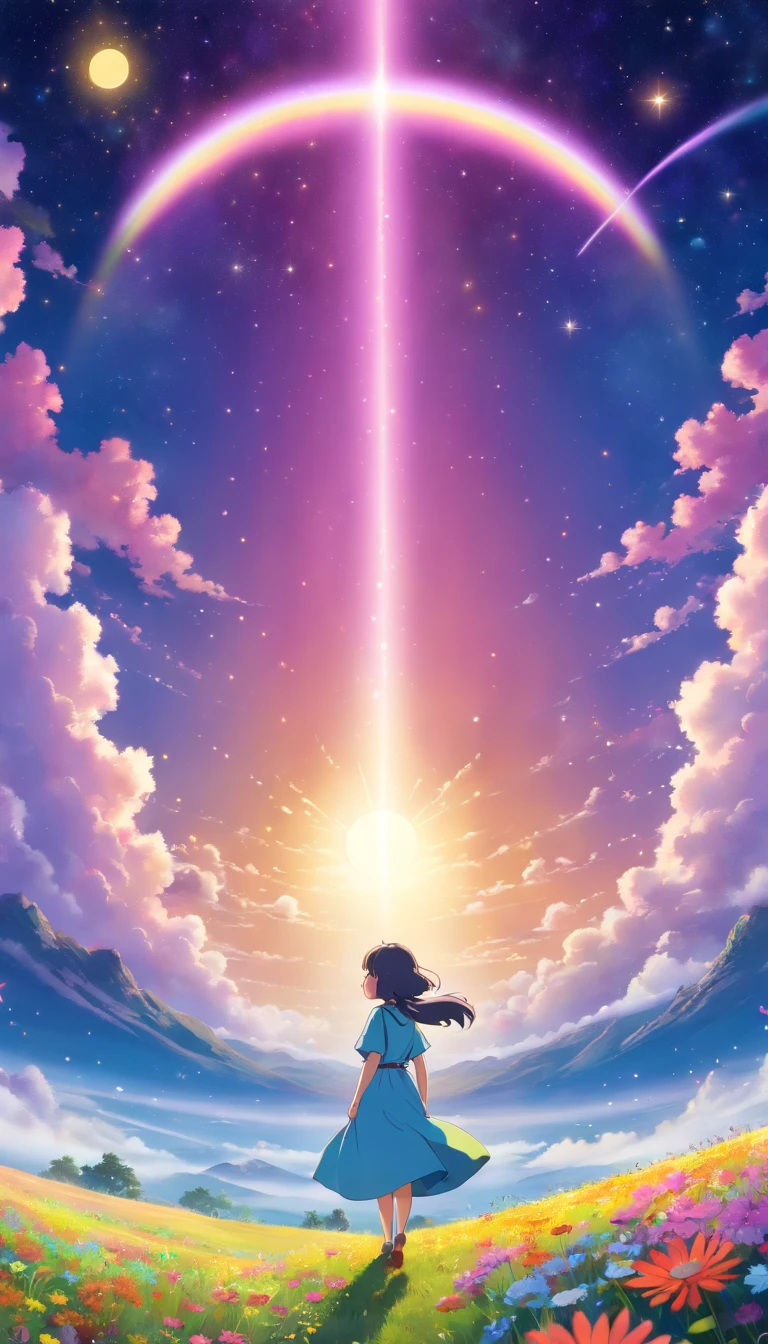 A wide landscape photo, (viewed from below, the sky is above, and the open field is below), a girl standing on a flower field looking up, (full moon: 1.2), (meteor: 0.9), (nebula: 1.3), distant mountains , Trees BREAK Crafting Art, (Warm Light: 1.2), (Firefly: 1.2), Lights, Lots of Purple and Orange, Intricate Details, Volumetric Lighting BREAK (Masterpiece: 1.2), (Best Quality), 4k, Ultra Detailed, (Dynamic Composition: 1.4), Rich in Detail and Color, (Rainbow Color: 1.2), (Glow, Atmospheric Lighting), Dreamy, Magical, (Solo: 1.2)