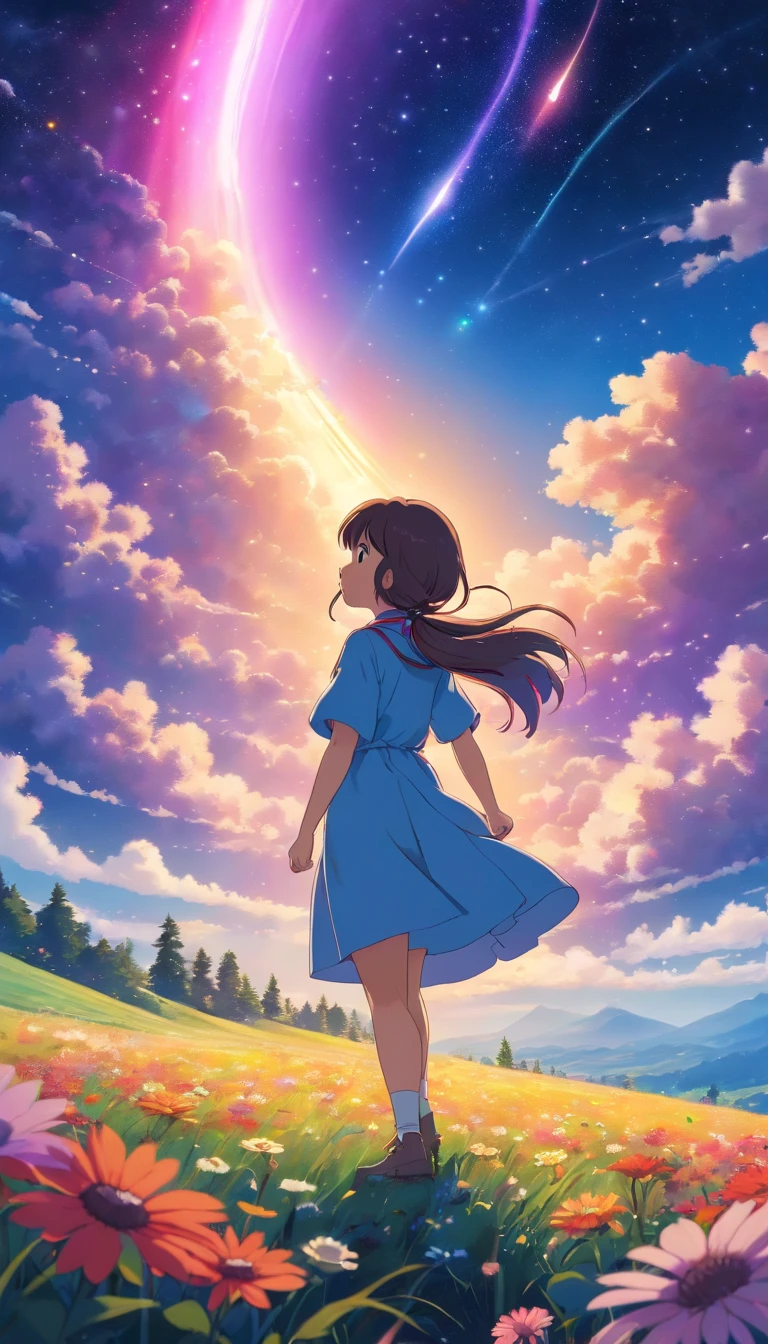 A wide landscape photo, (viewed from below, the sky is above, and the open field is below), a girl standing on a flower field looking up, (full moon: 1.2), (meteor: 0.9), (nebula: 1.3), distant mountains , Trees BREAK Crafting Art, (Warm Light: 1.2), (Firefly: 1.2), Lights, Lots of Purple and Orange, Intricate Details, Volumetric Lighting BREAK (Masterpiece: 1.2), (Best Quality), 4k, Ultra Detailed, (Dynamic Composition: 1.4), Rich in Detail and Color, (Rainbow Color: 1.2), (Glow, Atmospheric Lighting), Dreamy, Magical, (Solo: 1.2)