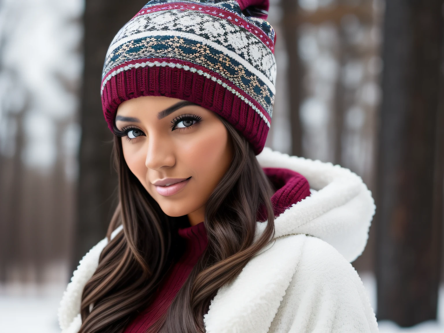 Magen de un modelo morena con abrigo y gorro, symbolizing the winter season in the background ON THE SIDE WITH COPY SPACE
