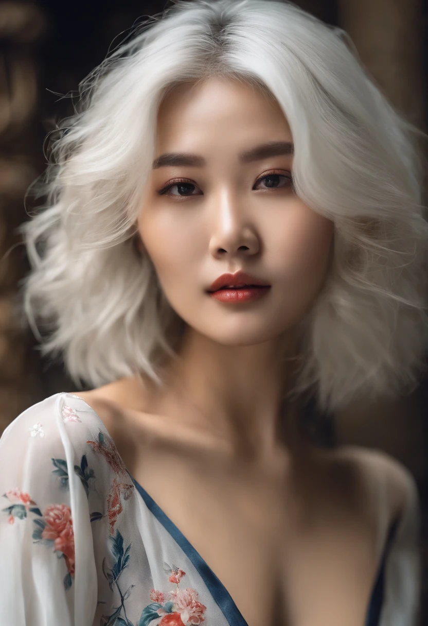 Loose camisole cut,No bra,White-haired Chinese beauty,drunk