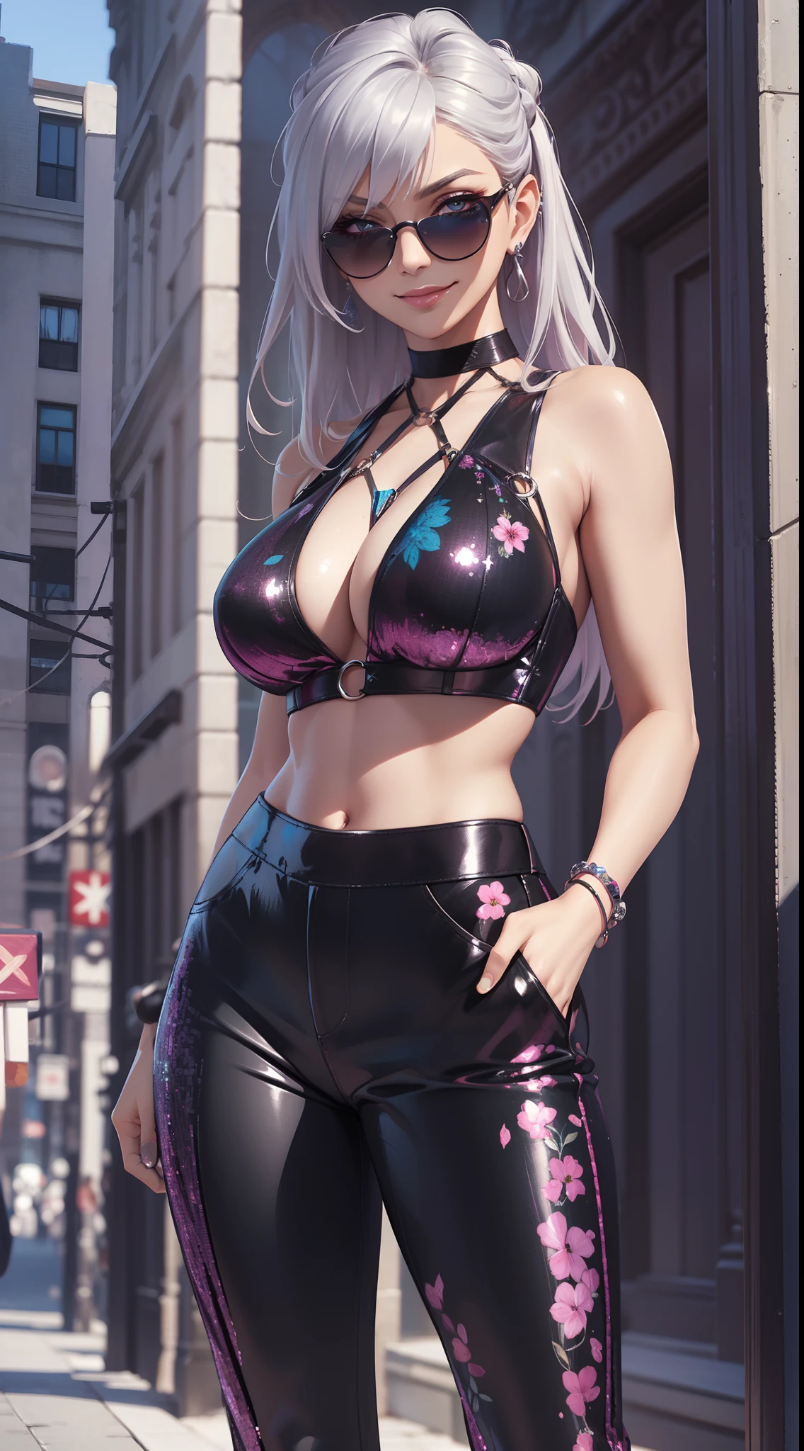 ((best quality, masterpiece)), detailed, realistic, 1woman, cool, fancy sleeveless floral print sexy sequin cropped top, stylish pants, choker, long stylish platinum silver hair, dark shades, smug smile