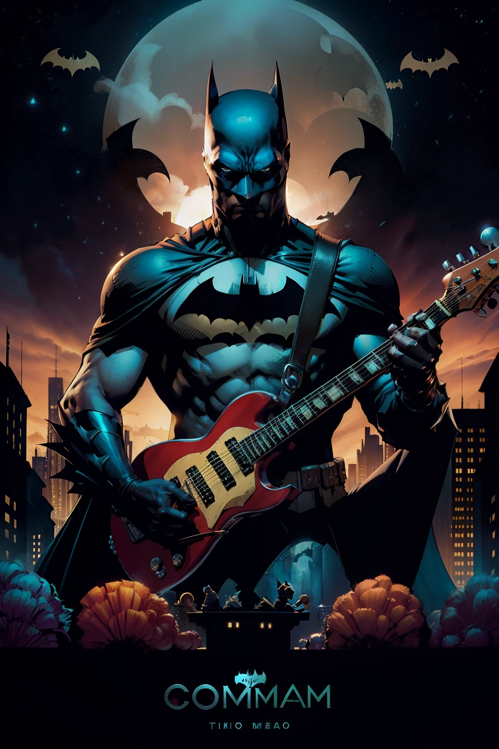 Batman musical, Trompetes, Saxsofone, acoustic guitar, Tambor, Acordes musicais, Cantar, Flautas, Notas Musicais, Gotham with the Sky of Musical Notes