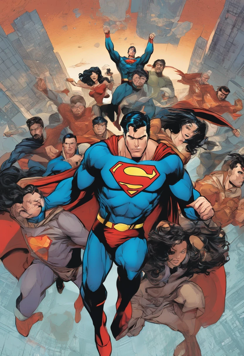 Cartaz representando um grupo de pessoas com Superman e Miracle, Estilo de Arte DC Comics, Arte no estilo dos quadrinhos, Comic book cover by Phil Noto, estilo de arte em quadrinhos, comiс style, Satoshi pode retratar um estilo de arte, classic-cult-comic-style, comiс style, Arte Digital em Quadrinhos, Capa de quadrinhos, Стиль DC Comics, Capa de quadrinhos, Arte no estilo dos quadrinhos