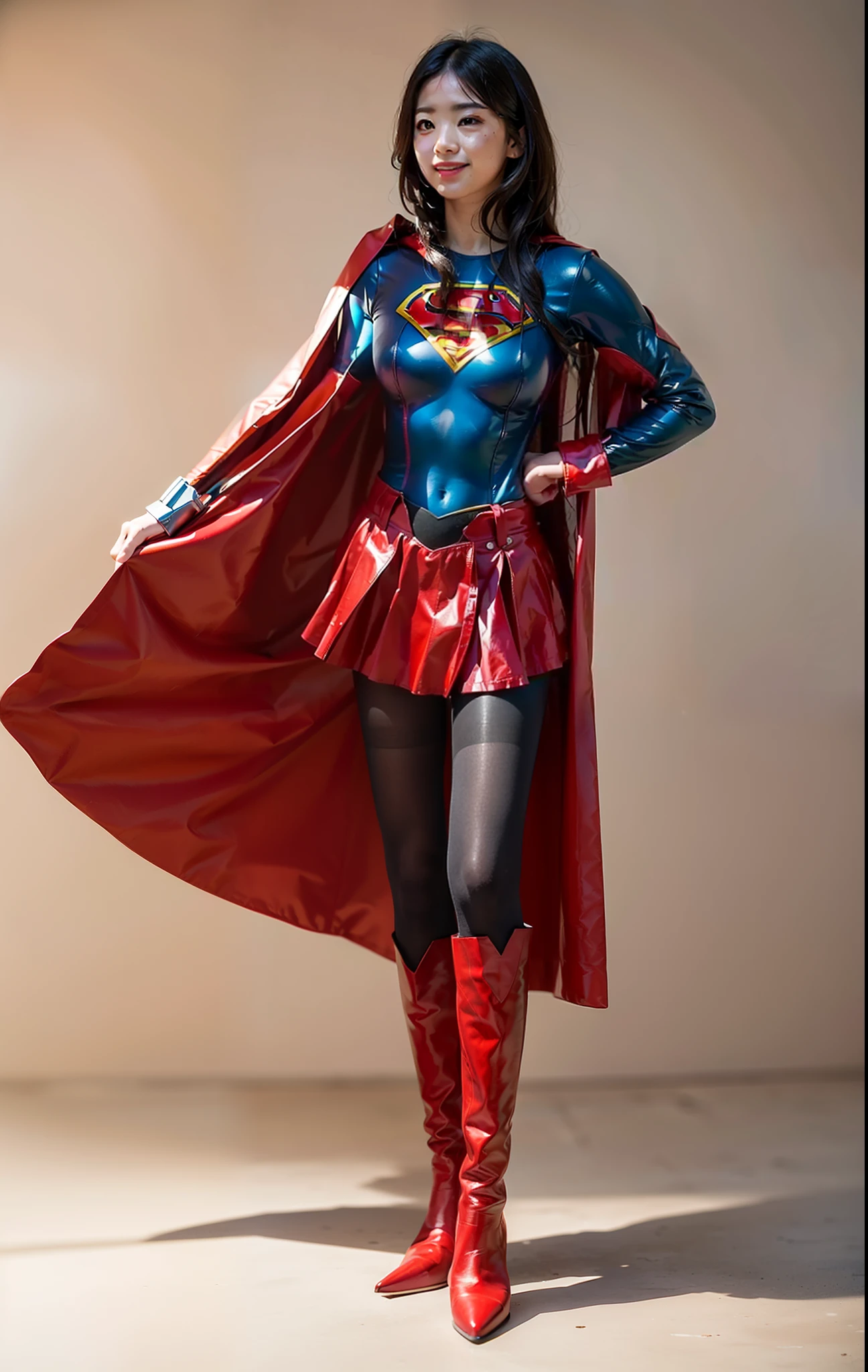 (((Make the most of the original image)))、(((Be sure to wear black tights)))、(((Supergirl Costume)))、(((lustrous dark hair)))、(((Suffering)))、(((Smiling)))、(((Be sure to wear red boots)))、(((Hung)))、((Top image quality、8K))、((top-quality、8K、​masterpiece:1.3))、Crisp focus:1.2、Beautiful woman with perfect body shape:1.4、Slender Abs:1.2、((layers-Cut))、a wet body:1.5、Highly detailed facial and skin texture、Wearing red boots、