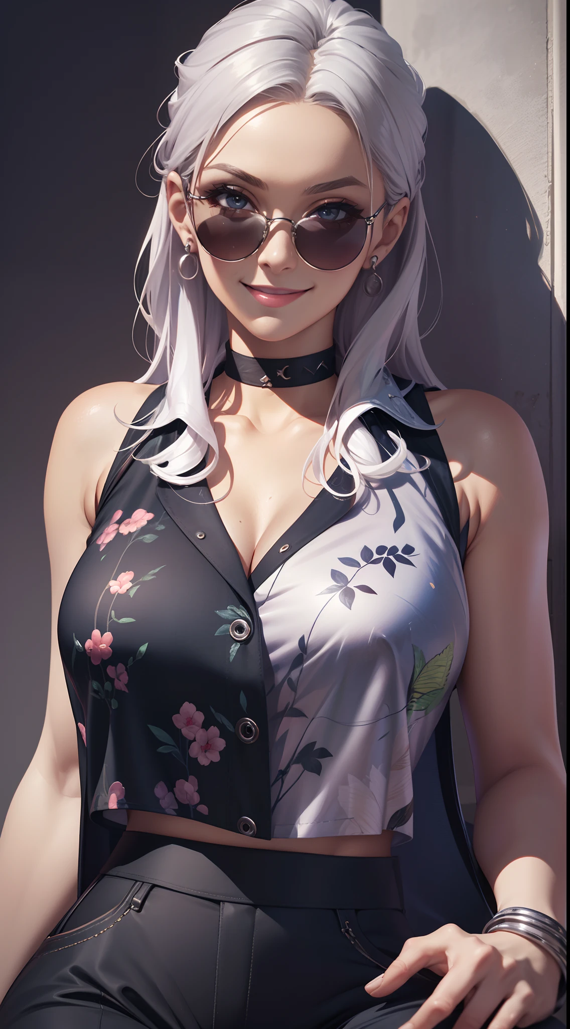 ((best quality, masterpiece)), detailed, realistic, 1woman, cool, fancy ((sleeveless)) floral print shirt unbuttoned, (American armhole), stylish pants, choker, long stylish platinum silver hair, dark shades, smug smile