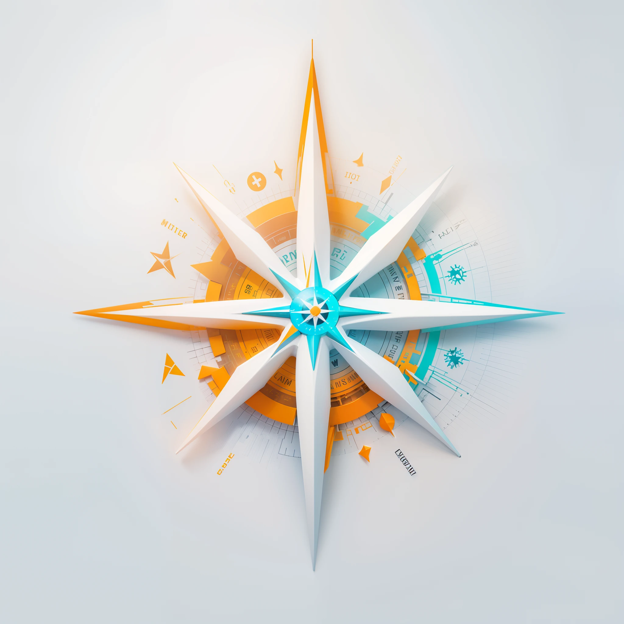 Create a company logo that's bright and rebellious. Pure white background, very simple logo that is easy to remember, burning compass symbol logo, futuristic, main colors are orange and light blue