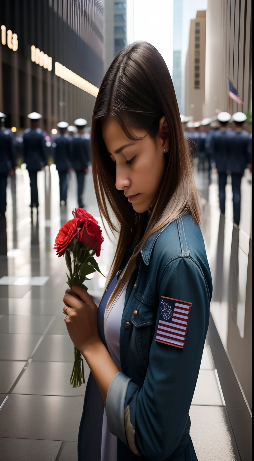 Realistic, photographic, Dramatic, [best quality:1.5], a mother placing a flower in her daughter's name at the WTC memorial, she's very sad and with the U.S. flags out there, Chovendo, Luzes ambientes, sombras realistas, sharp colors, looking for the names at the memorial