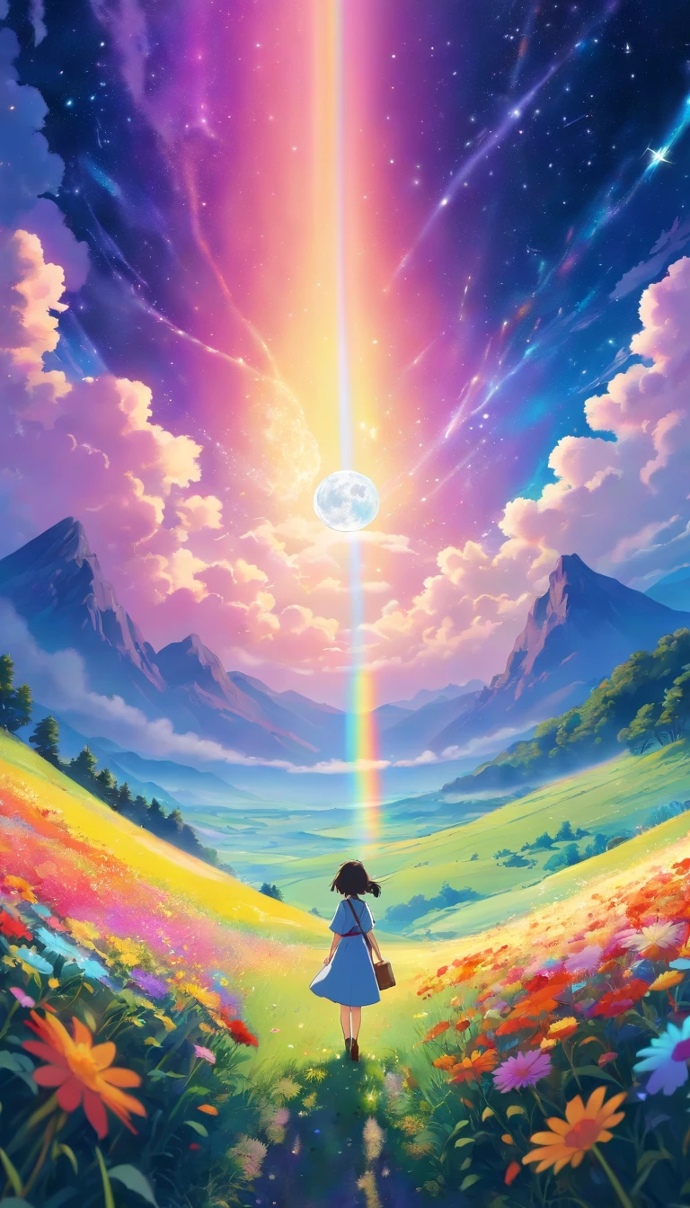 A wide landscape photo, (viewed from below, the sky is above, and the open field is below), a girl standing on a flower field looking up, (full moon: 1.2), (meteor: 0.9), (nebula: 1.3), distant mountains , Trees BREAK Crafting Art, (Warm Light: 1.2), (Firefly: 1.2), Lights, Lots of Purple and Orange, Intricate Details, Volumetric Lighting BREAK (Masterpiece: 1.2), (Best Quality), 4k, Ultra Detailed, (Dynamic Composition: 1.4), Rich in Detail and Color, (Rainbow Color: 1.2), (Glow, Atmospheric Lighting), Dreamy, Magical, (Solo: 1.2)
