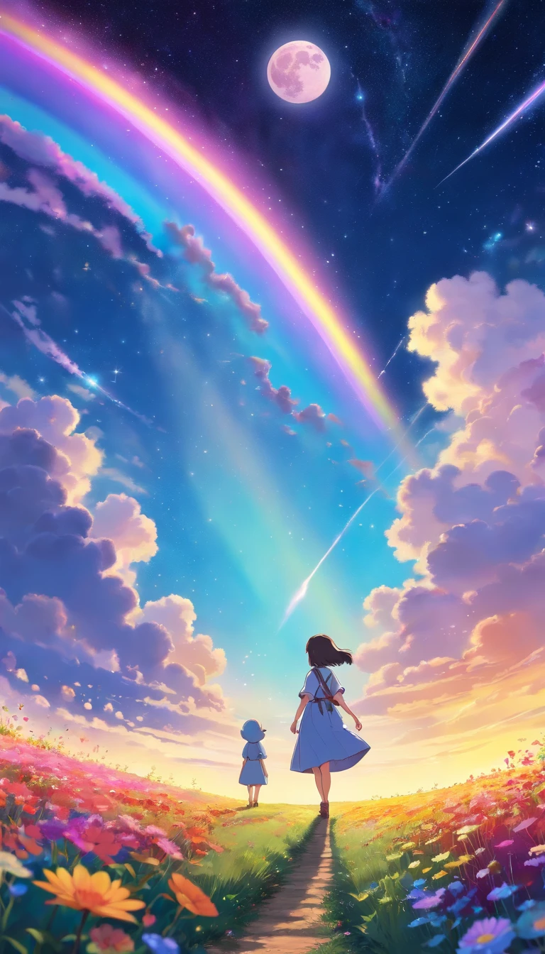 A wide landscape photo, (viewed from below, the sky is above, and the open field is below), a girl standing on a flower field looking up, (full moon: 1.2), (meteor: 0.9), (nebula: 1.3), distant mountains , Trees BREAK Crafting Art, (Warm Light: 1.2), (Firefly: 1.2), Lights, Lots of Purple and Orange, Intricate Details, Volumetric Lighting BREAK (Masterpiece: 1.2), (Best Quality), 4k, Ultra Detailed, (Dynamic Composition: 1.4), Rich in Detail and Color, (Rainbow Color: 1.2), (Glow, Atmospheric Lighting), Dreamy, Magical, (Solo: 1.2)