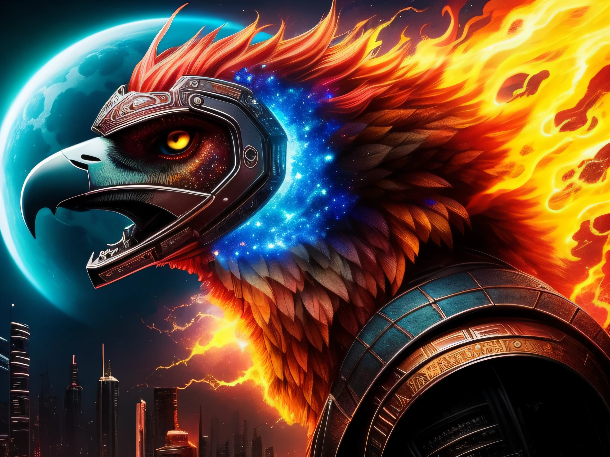 [Cyberpunk Eagle Robot 1.2], [Cidade Futurista 1.0], cinemactic, octano, cores insanas, arte hiper realista, Trabalho premiado, Holographic accessories, e um pano de fundo de uma paisagem urbana cyberpunk imersiva. Crie esta obra-prima para transmitir a energia vibrante e a garra da paisagem urbana, making it a symbol of urban cool. (best quality:1.33), (master part:1.42), (Realistic:1.24), (circunstanciado:1.15), A fiery cosmic deity with flaming hair, a Deusa Ruiva irradia o brilho das estrelas. His eyes reflect distant galaxies, and his touch gives the essence of life to the planets. She is the creative force that weaves the fabric of the universe.
